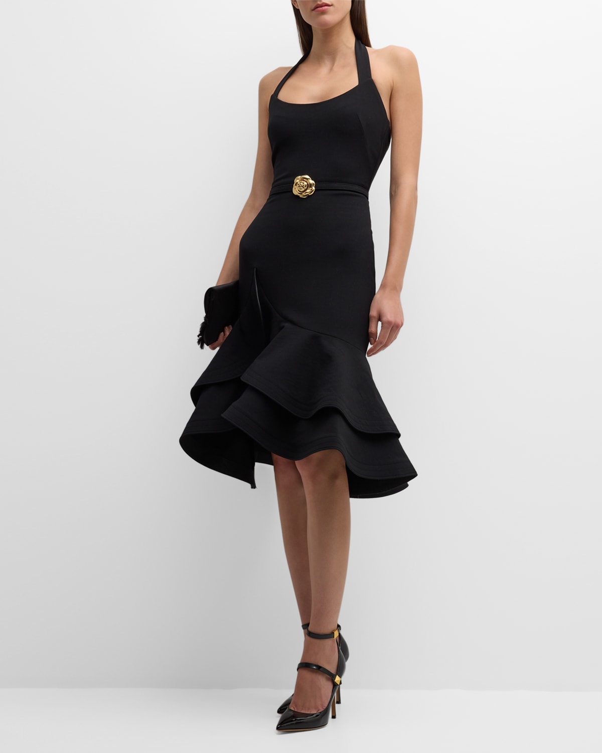 Oscar De La Renta Ruffled Stretch-wool Mini Halter Dress In Black