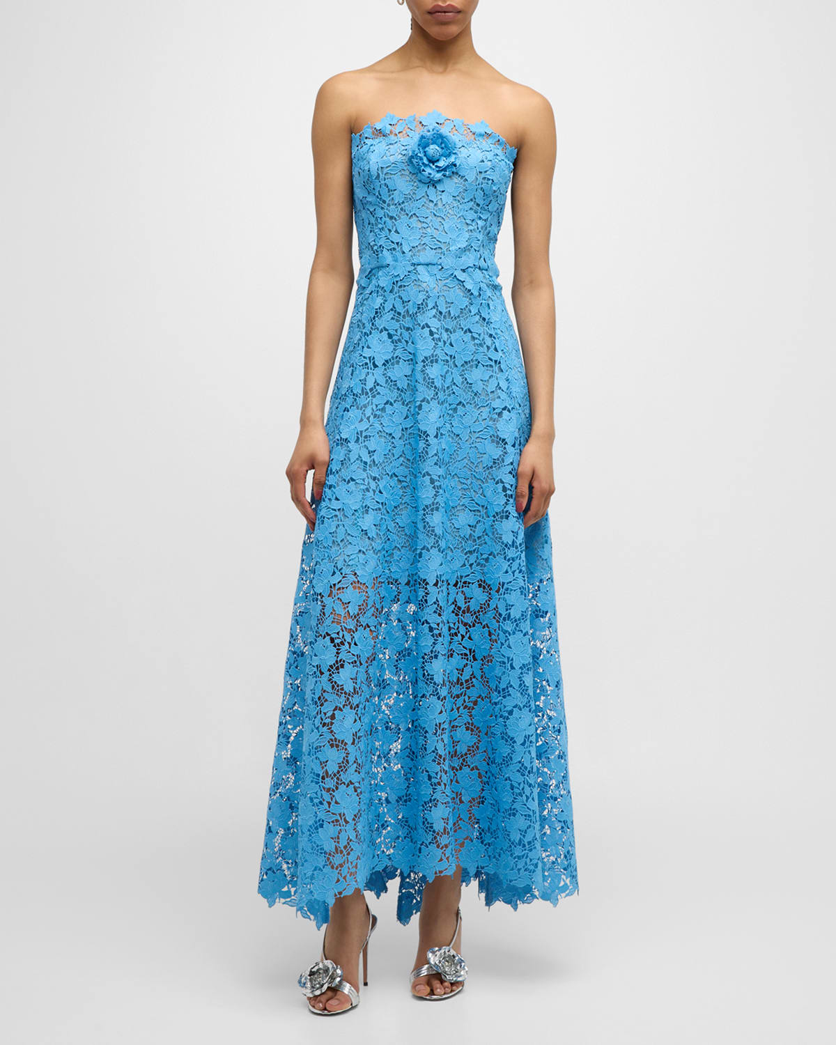 Shop Oscar De La Renta Gardenia Guipure Flower-applique Halter Maxi Dress In Powder Blue