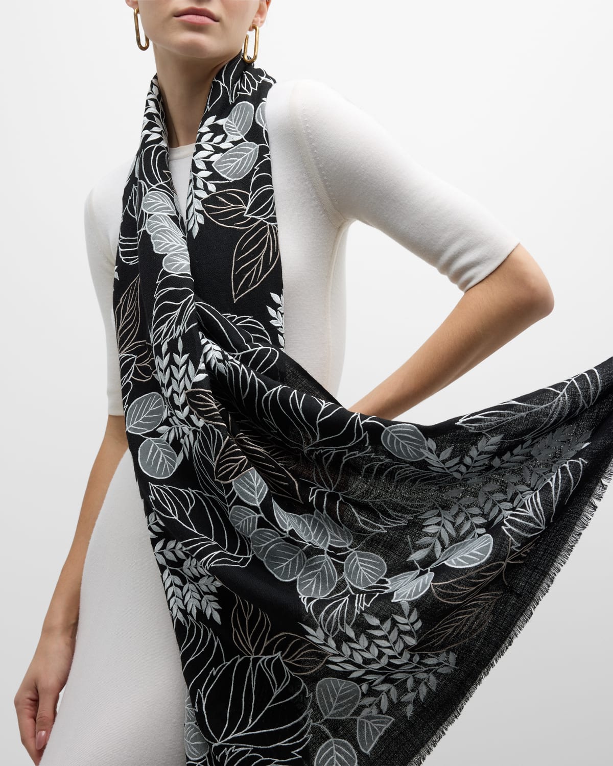 Janavi India Leaflet Merino Wool & Silk Scarf In Black