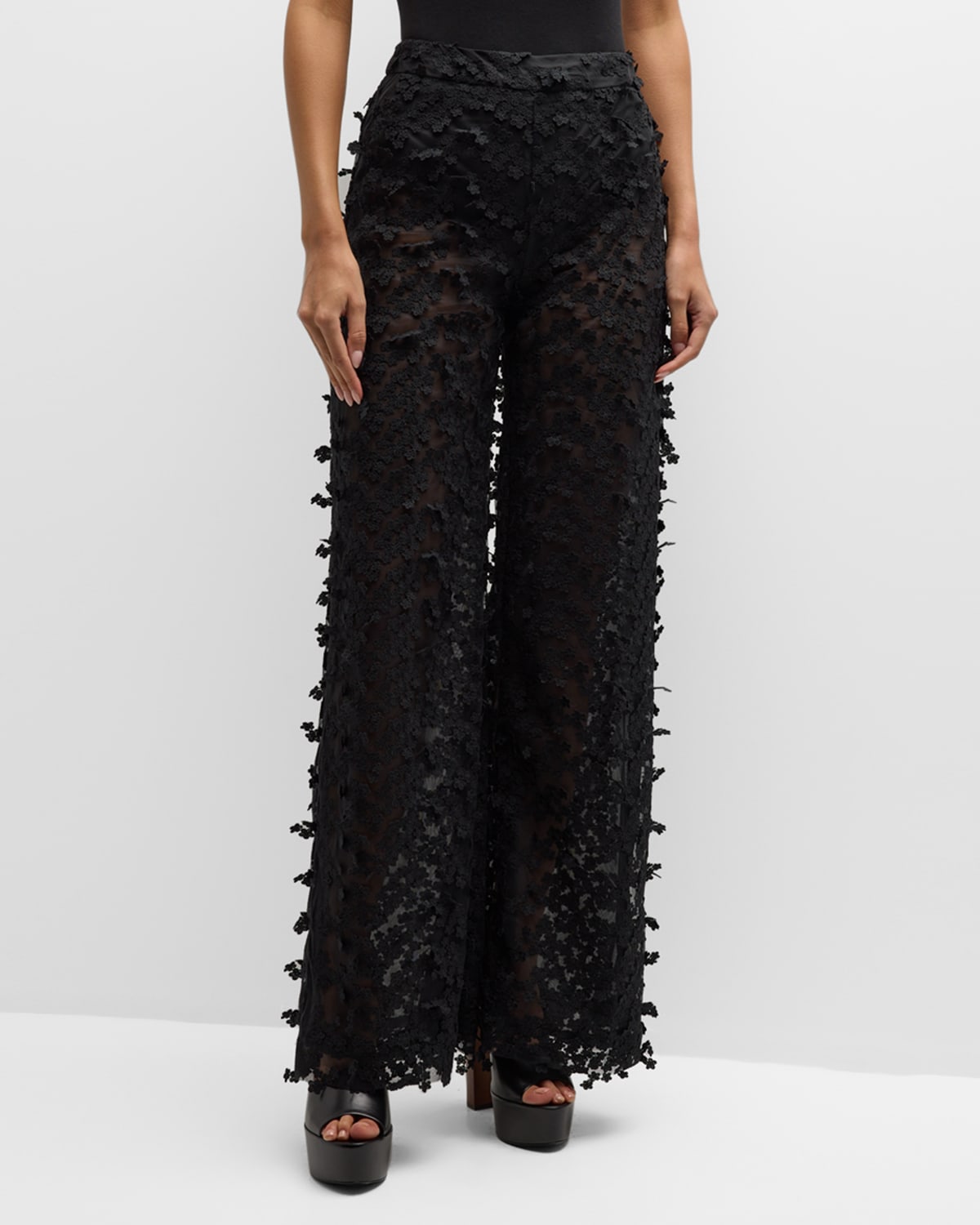 CYNTHIA ROWLEY HIGH-RISE FLORAL APPLIQUE TULLE PANTS