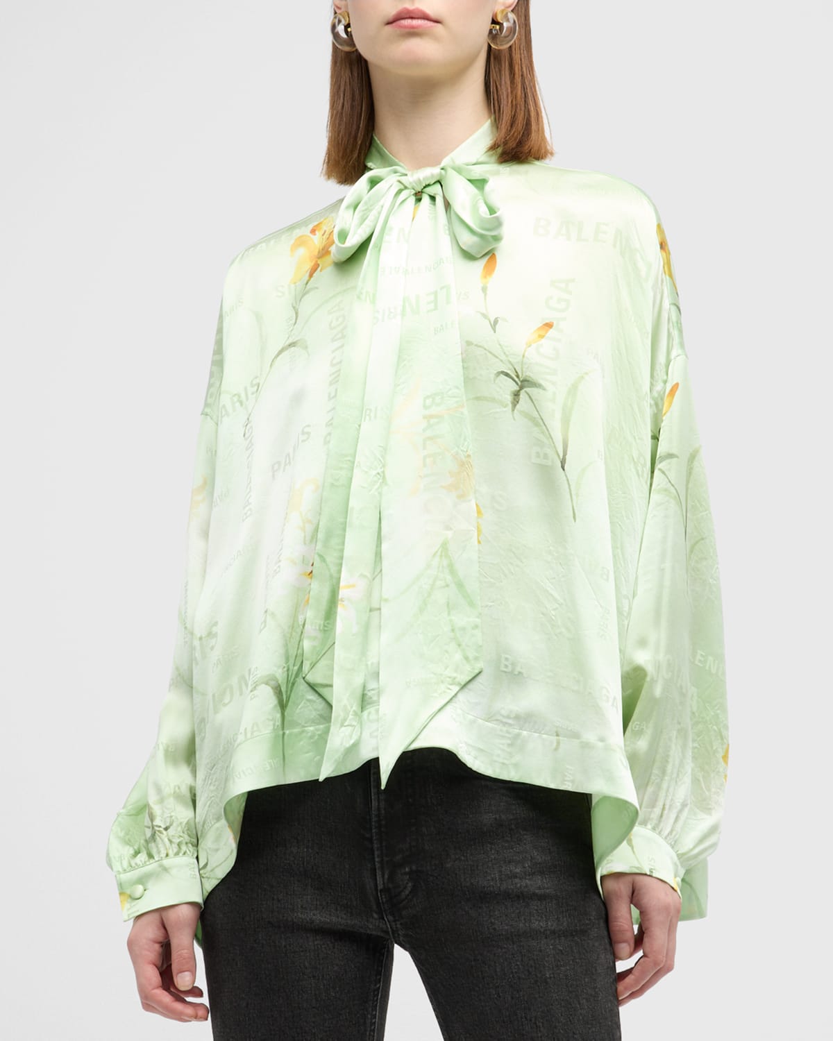 Shop Balenciaga Scarf-neck Fluid Logo Jacquard Vareuse Shirt In 3001 Green