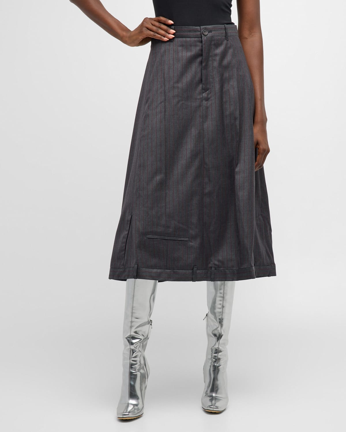 Balenciaga Pinstripe-pattern Midi Wool Skirt In 1360 Grey/red