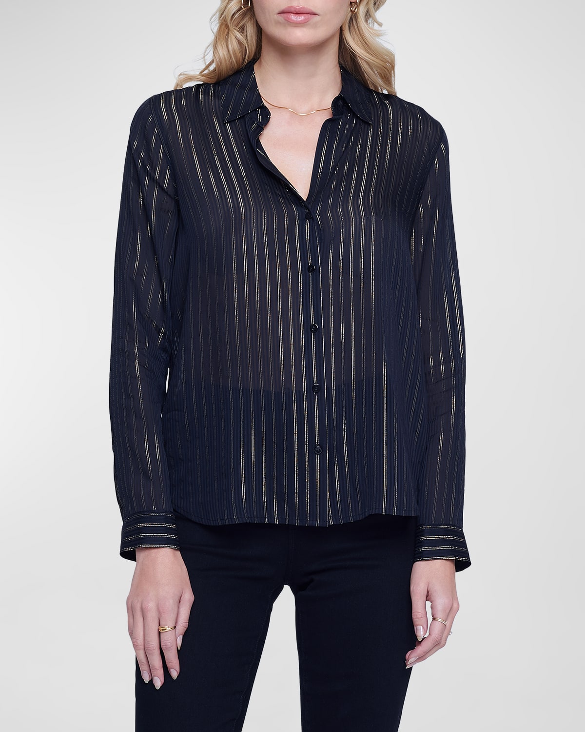 Shop L Agence Laurent Metallic Striped Shirt In Black/gold Stripe