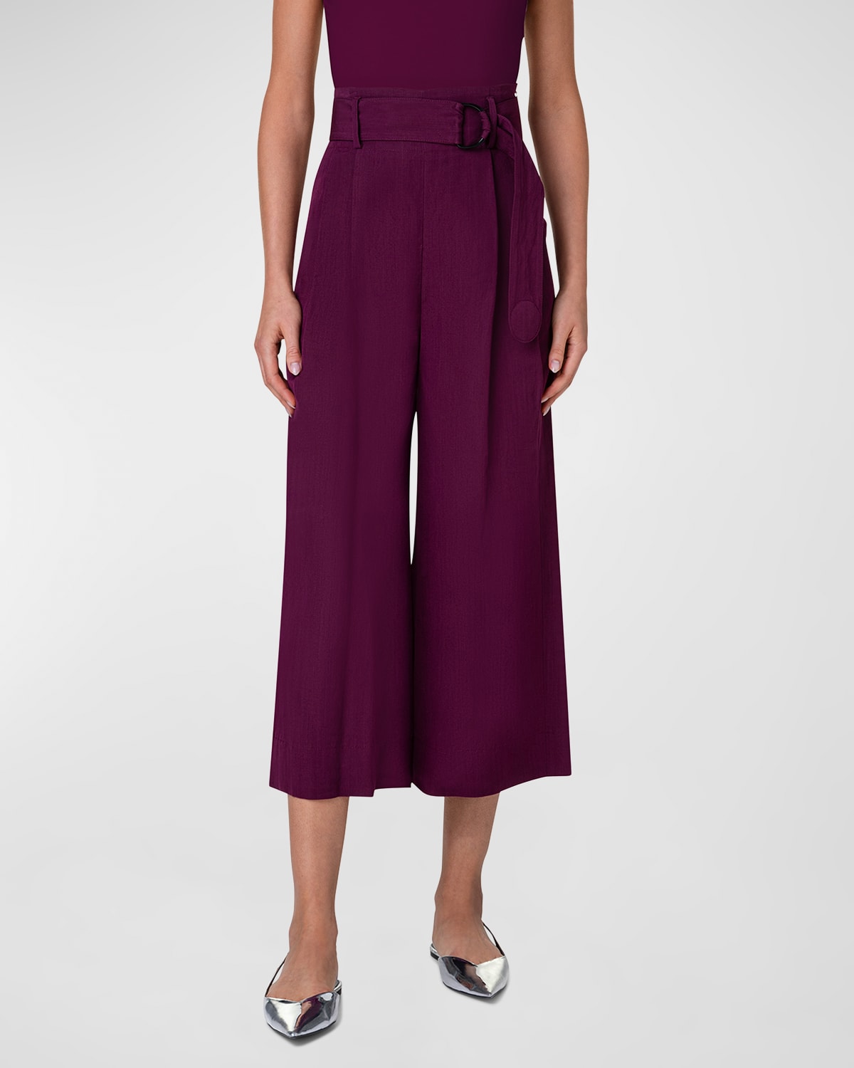 Shop Akris Punto Fiorella Wide-leg Linen Pants With Belt In Blackberry