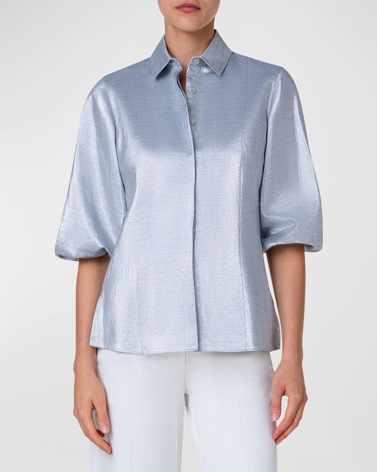 Shop Akris Punto Metallic Cotton Button-front Blouse In Silver Blue