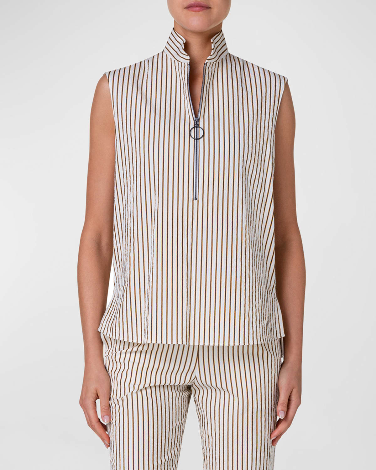 Shop Akris Punto Cotton Seersucker Striped Blouse In Cream-sun-black
