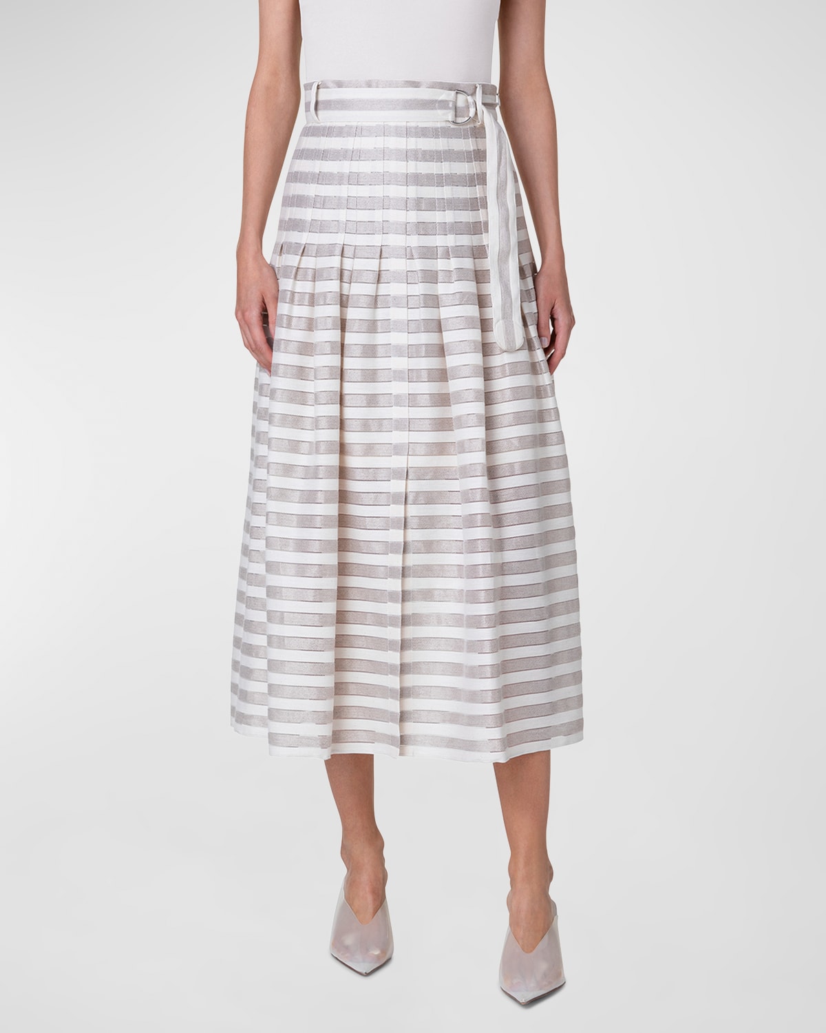 Shop Akris Punto Linen Blend Kodak Striped Midi Skirt With Belt In Flax-cream