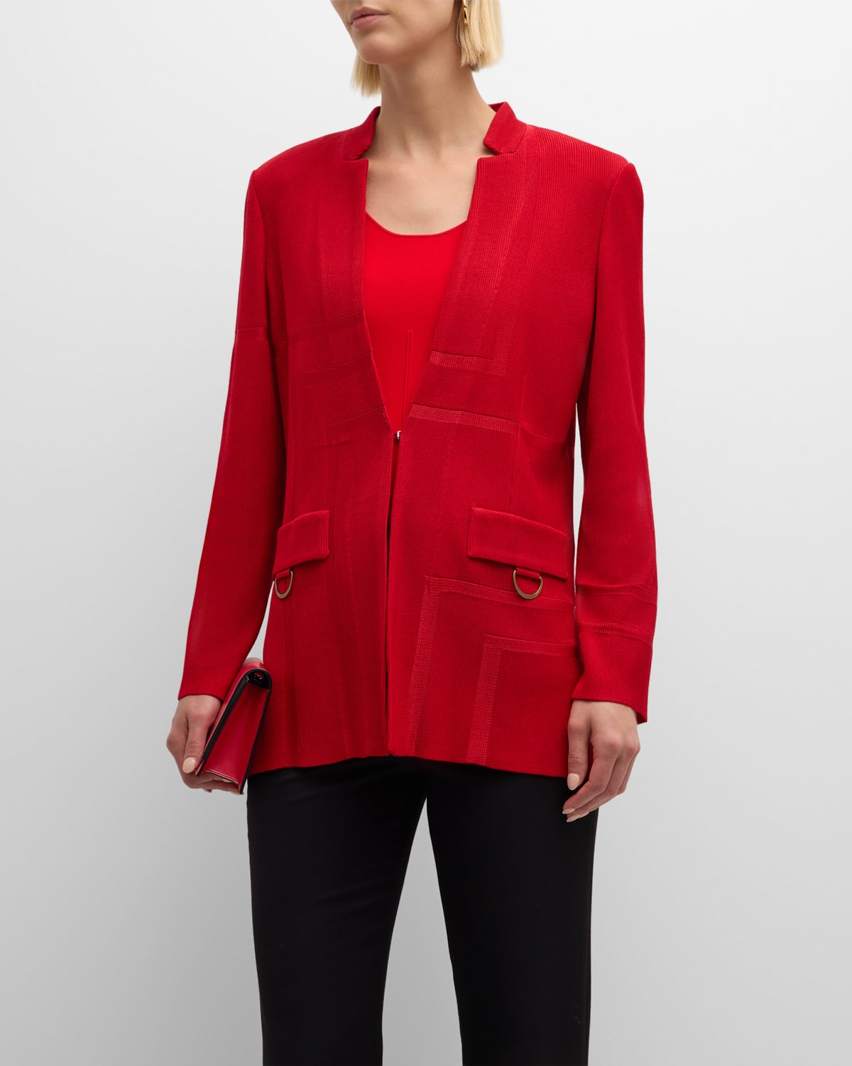 Misook Mandarin-collar Tailored Knit Jacket In Red