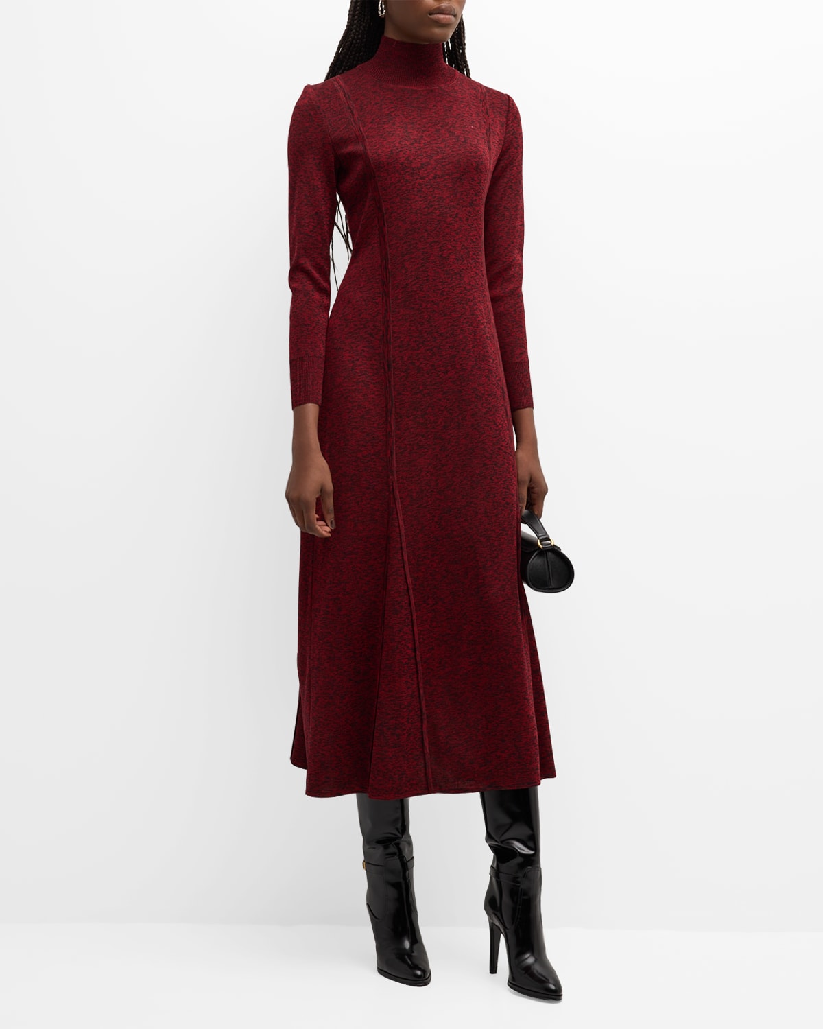 Shop Misook Turtleneck Godet Knit Midi Dress In Classic Red/black