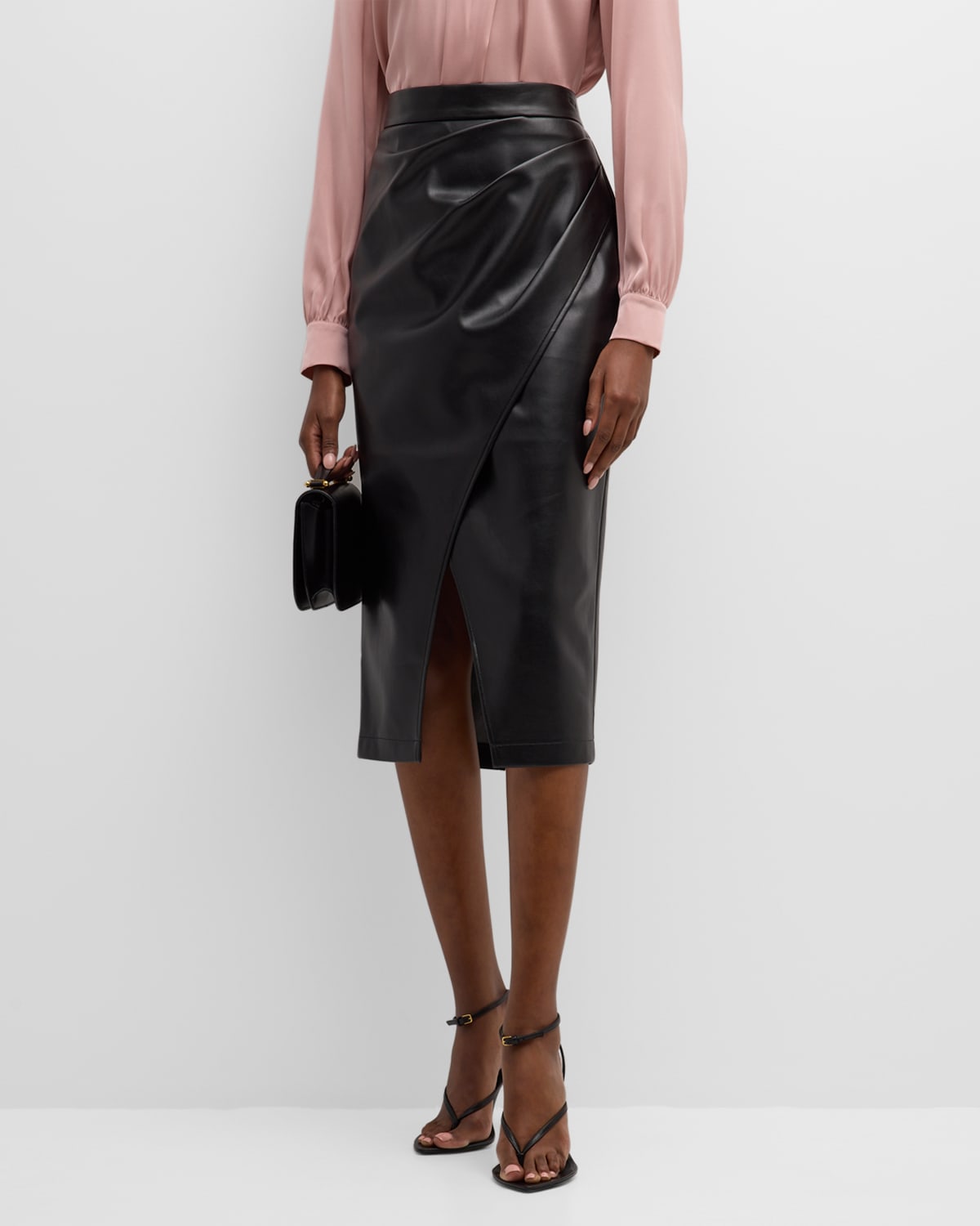 Shop Elie Tahari The Rebecca Ruched Vegan Leather Midi Skirt In Noir