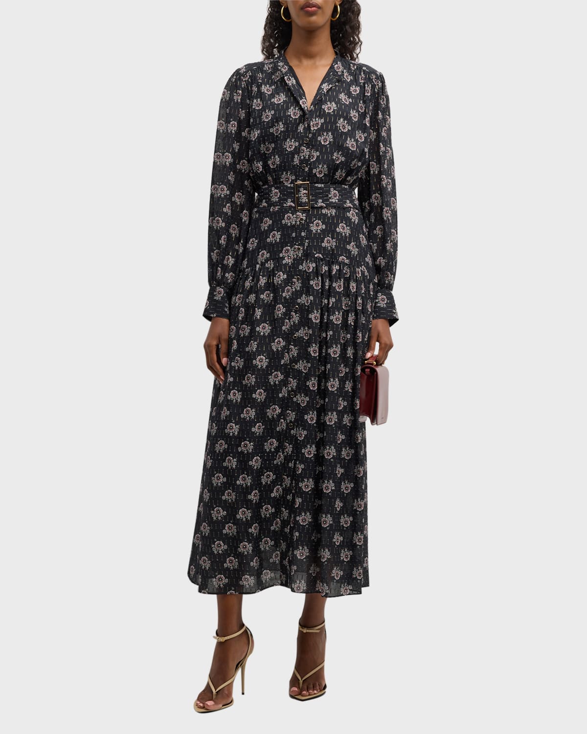 ELIE TAHARI THE RUE BELTED FLORAL-PRINT MAXI SHIRTDRESS