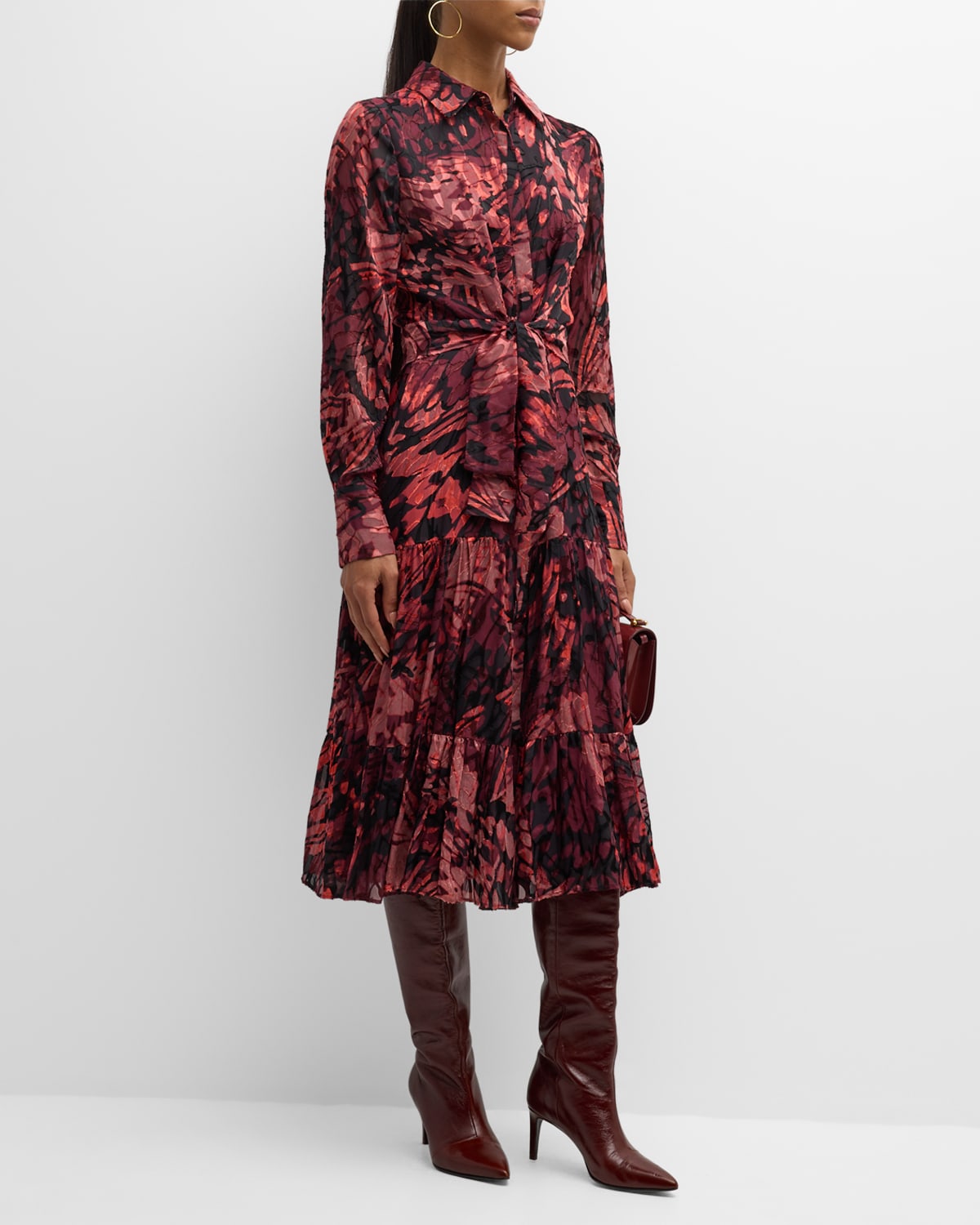 Elie Tahari Tiered Butterflly-print Midi Shirtdress In Monarch Burnout