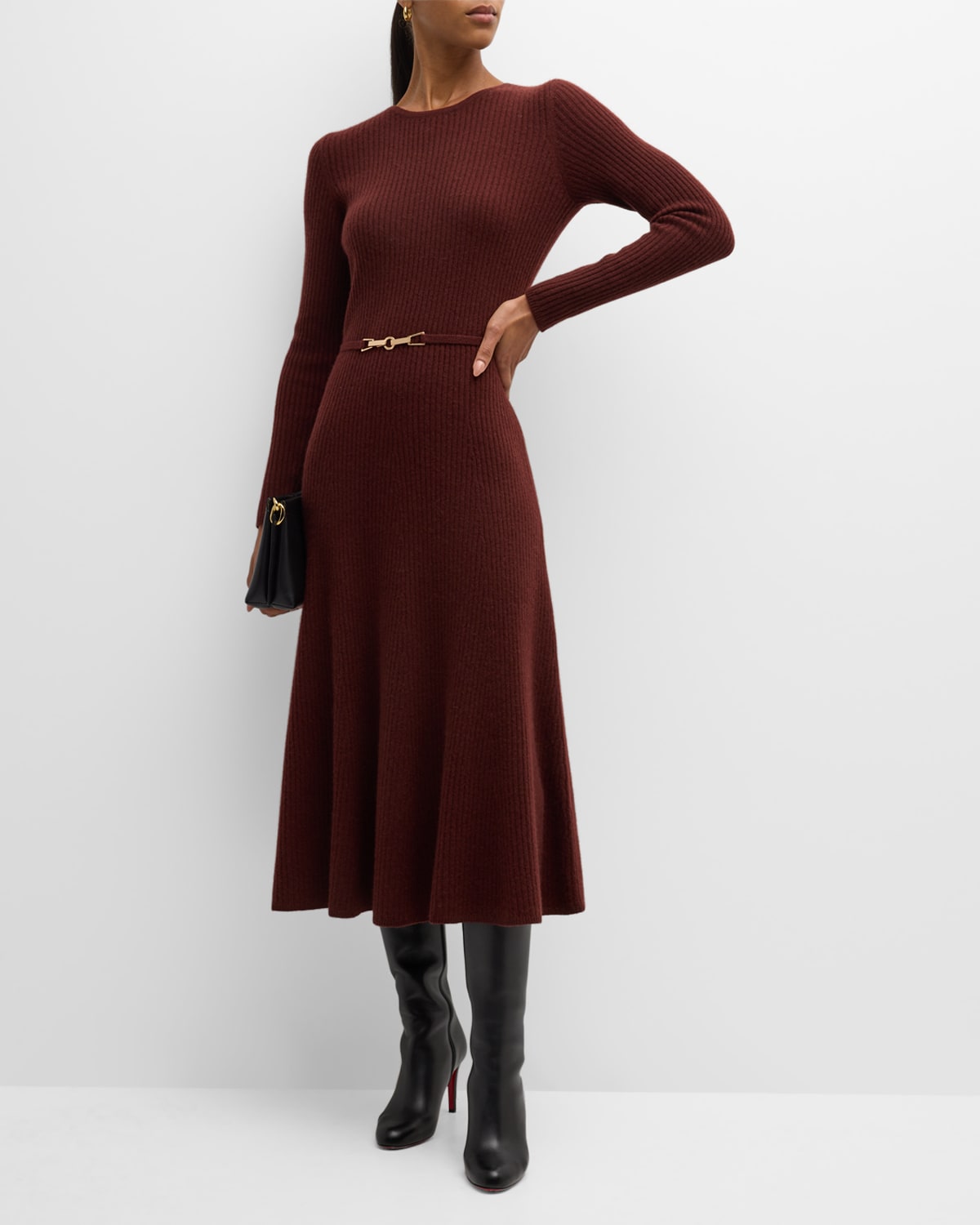 Elie Tahari The Leith Belted Cashmere Midi Sweater Dress In Plum