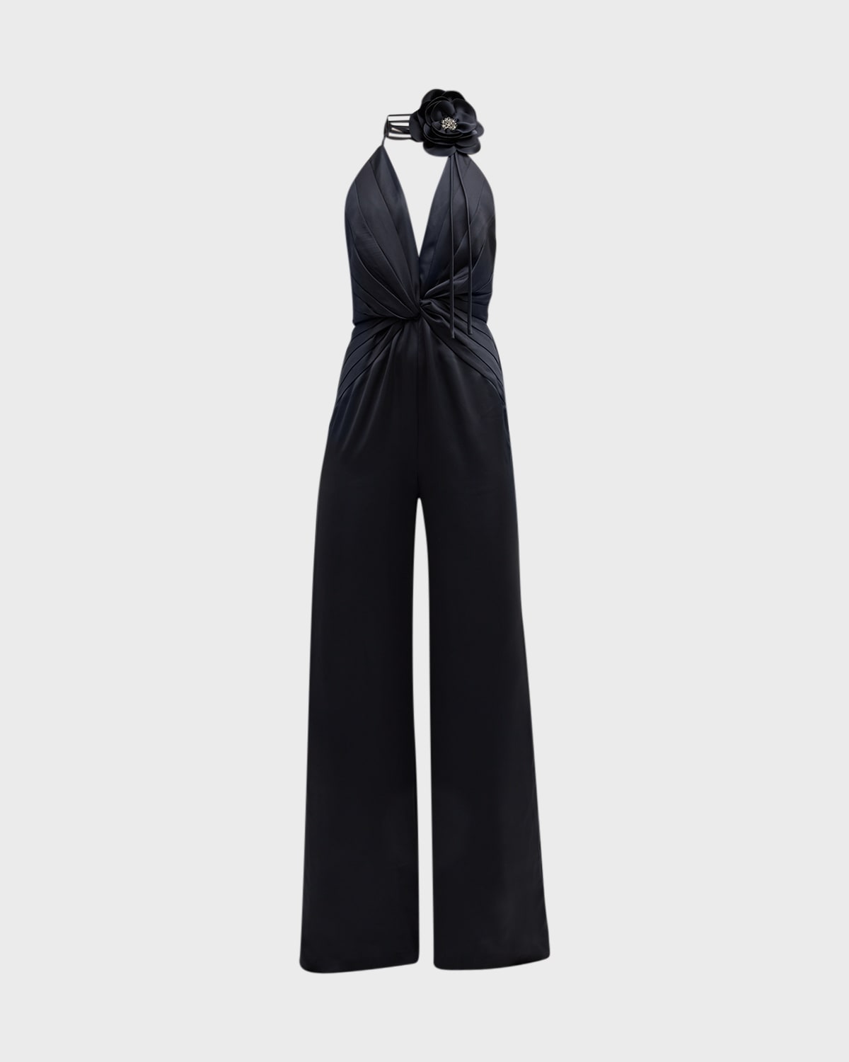Ramy Brook Angelina Pleated Twist-front Halter Jumpsuit In Black