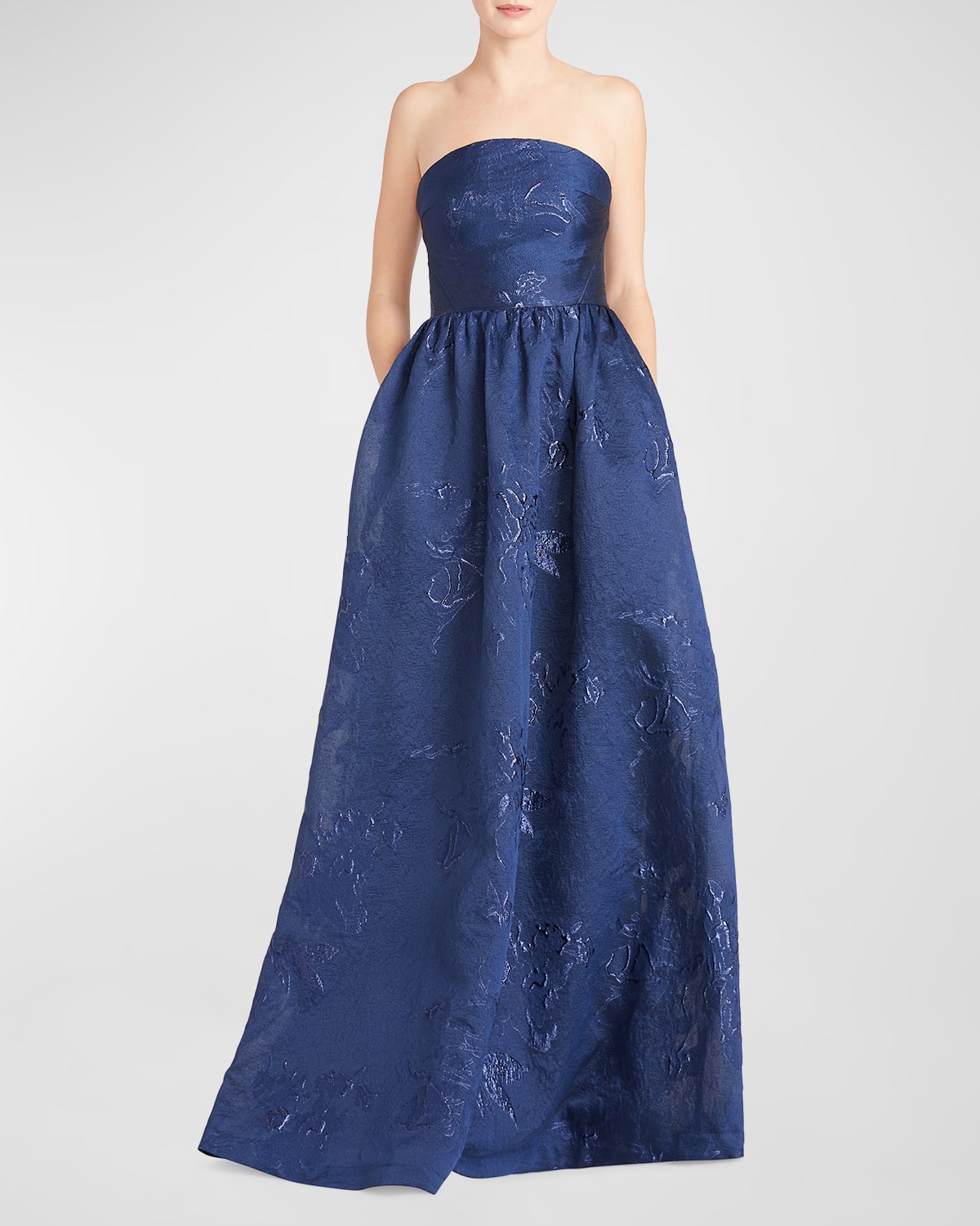 Monique Lhuillier Strapless Metallic Jacquard Fit-&-flare Gown In Navy