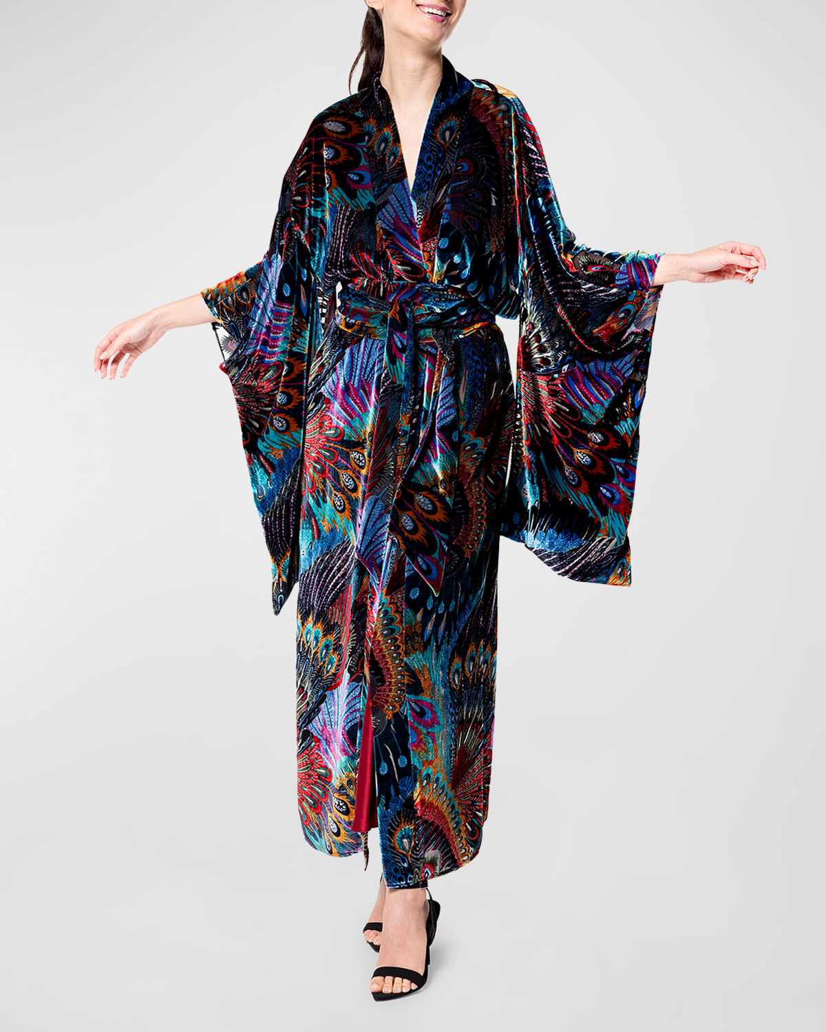 Erte Feather-Print Kimono-Sleeve Velvet Robe