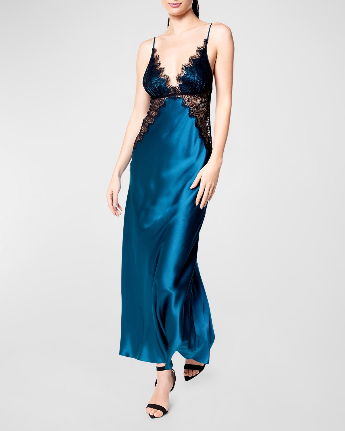 Christine Lingerie Erte Lace-trim Silk Maxi Nightgown In Bluegrass