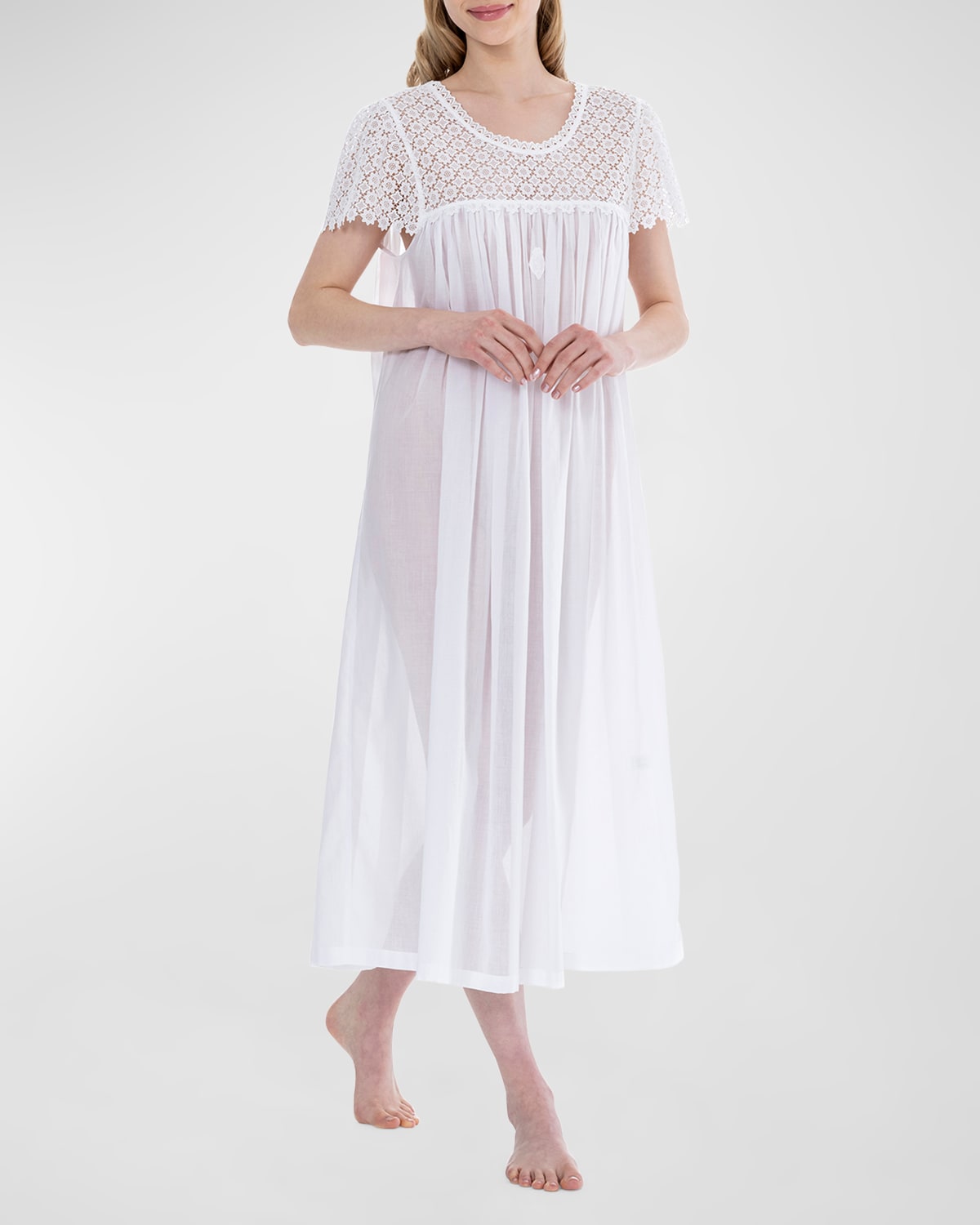 Louise Lace-Yoke Ruched Cotton Nightgown
