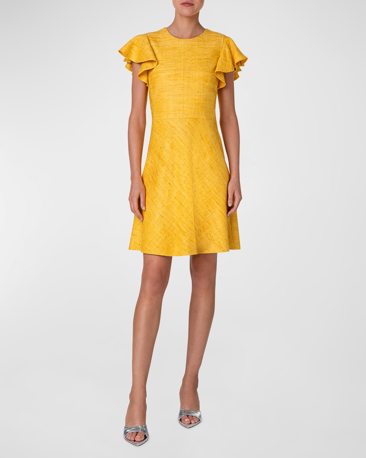 Shop Akris Punto Ruffle-sleeve Raw Indian Silk A-line Dress In Sun