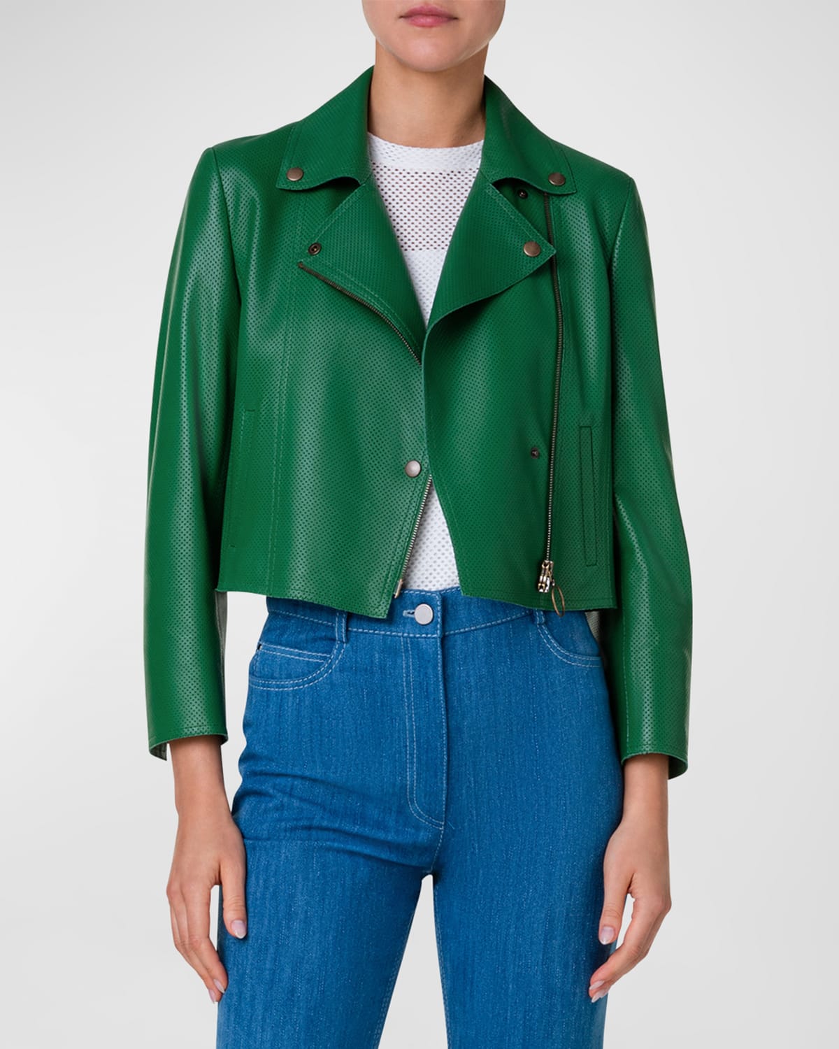 Shop Akris Punto Perforated Nappa Leather Crop Biker Jacket In Leaf Green