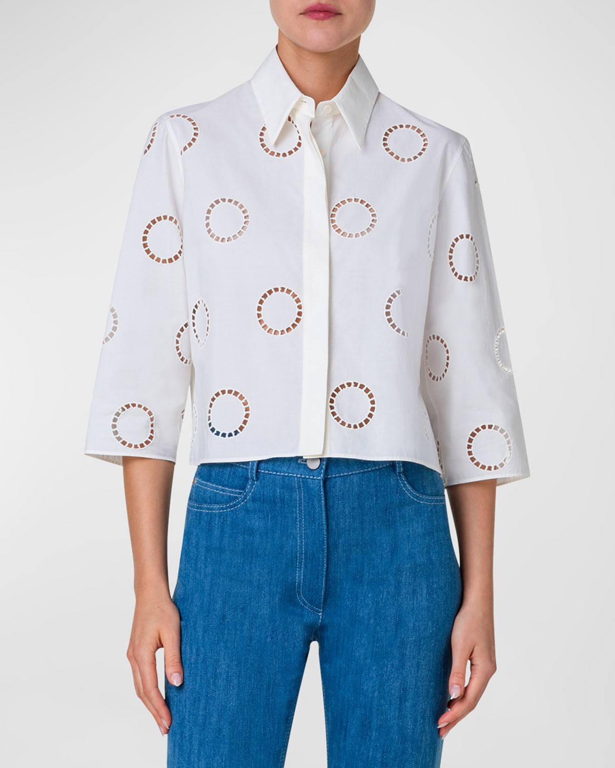 Akris Punto Circle Eyelet Embroidered Cotton Popeline Crop Collared Shirt In Cream