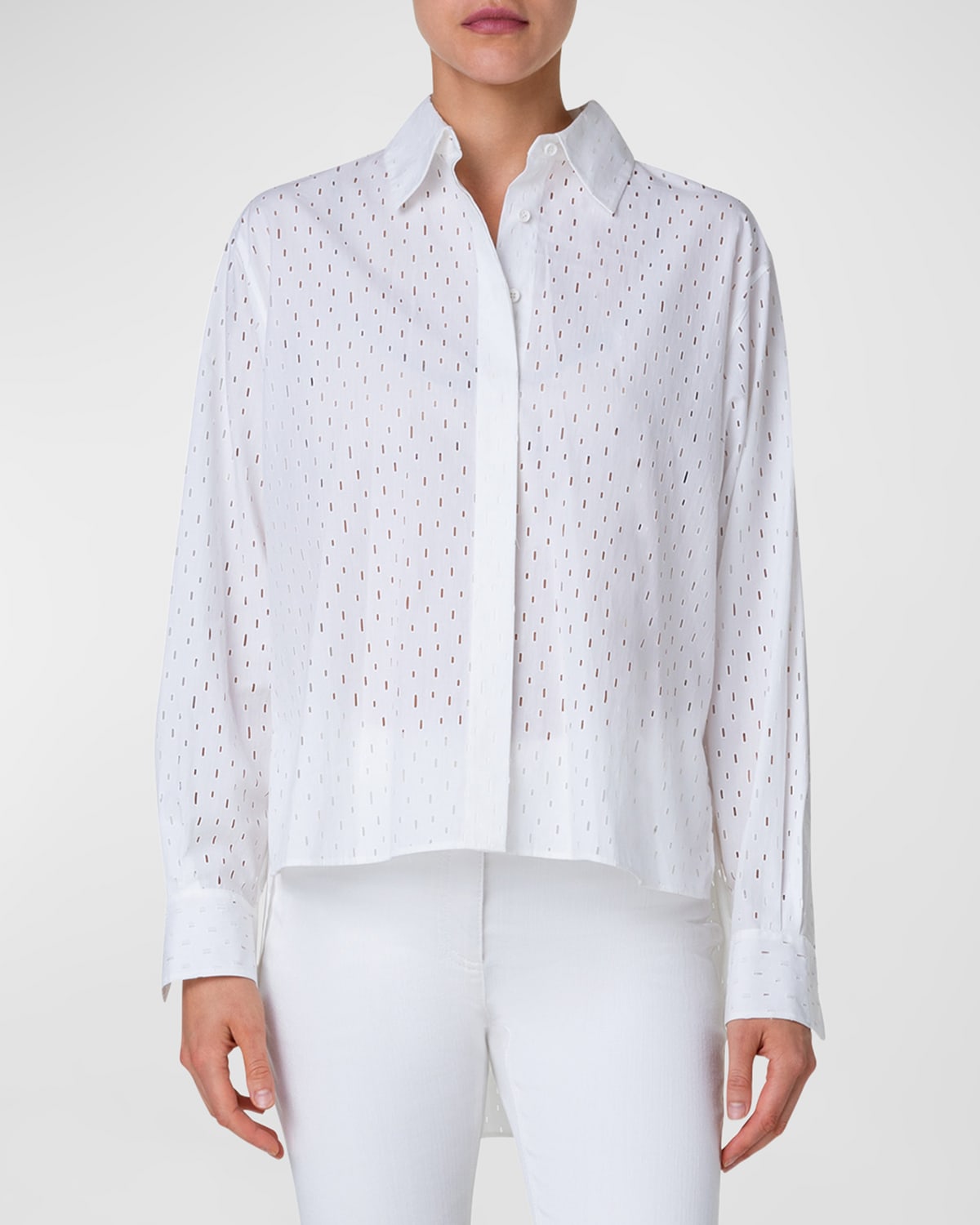 Akris Punto Lasercut Grid Cotton Popeline High-low Collared Shirt In Cream