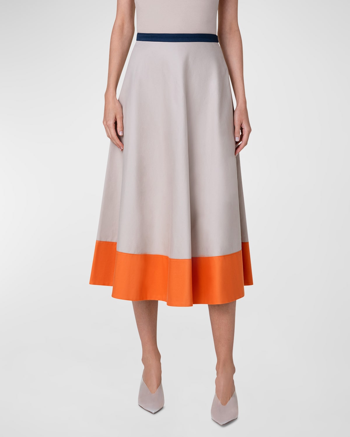 Shop Akris Punto Colorblock Cotton Gabardine Midi Skirt In Beige-navy-orange