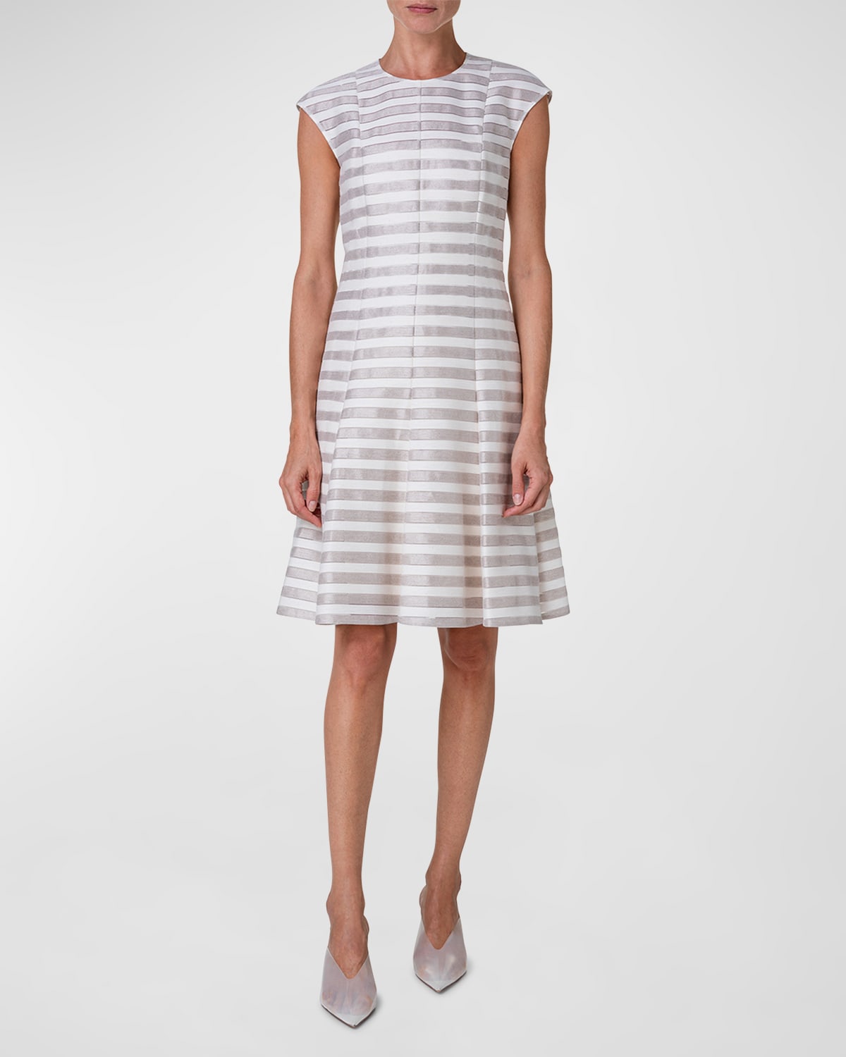 Shop Akris Punto Metallic Kodak Stripe Jacquard Linen-blend Cap-sleeve Dress In Flax-cream