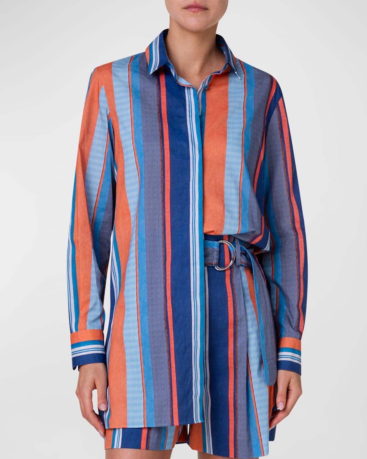Shop Akris Punto Deck Chair Stripe Cotton Batiste Collared Shirt In Denim-multicolor