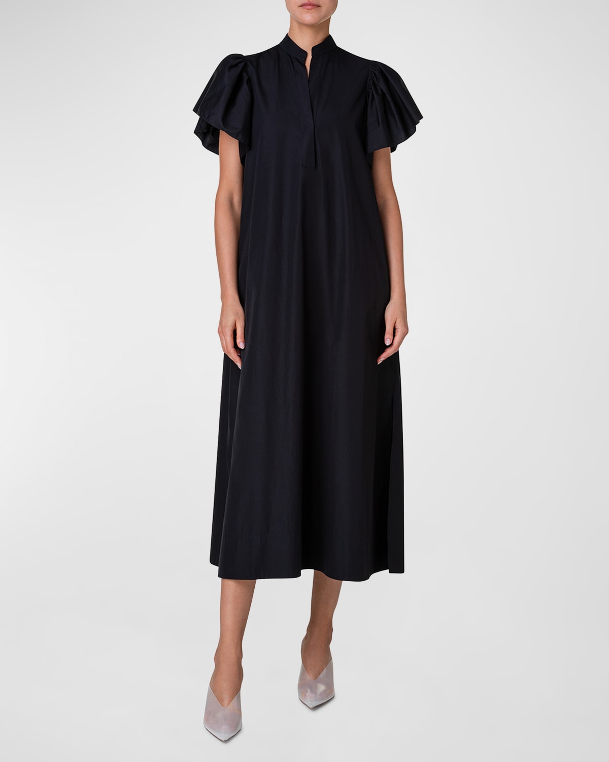 Shop Akris Punto Mandarin-collar Flutter-sleeve Cotton Poplin Midi Dress In Black