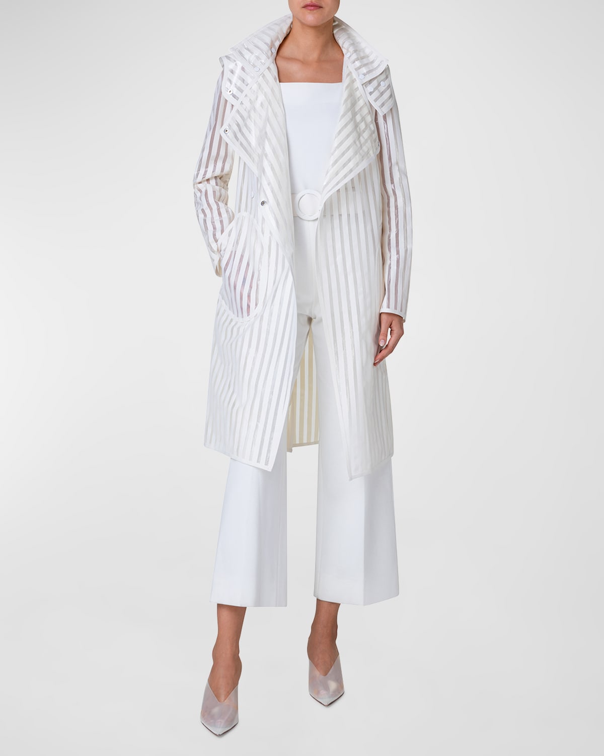 Shop Akris Punto Striped Belted Trench Coat With Removable Hood In Cream