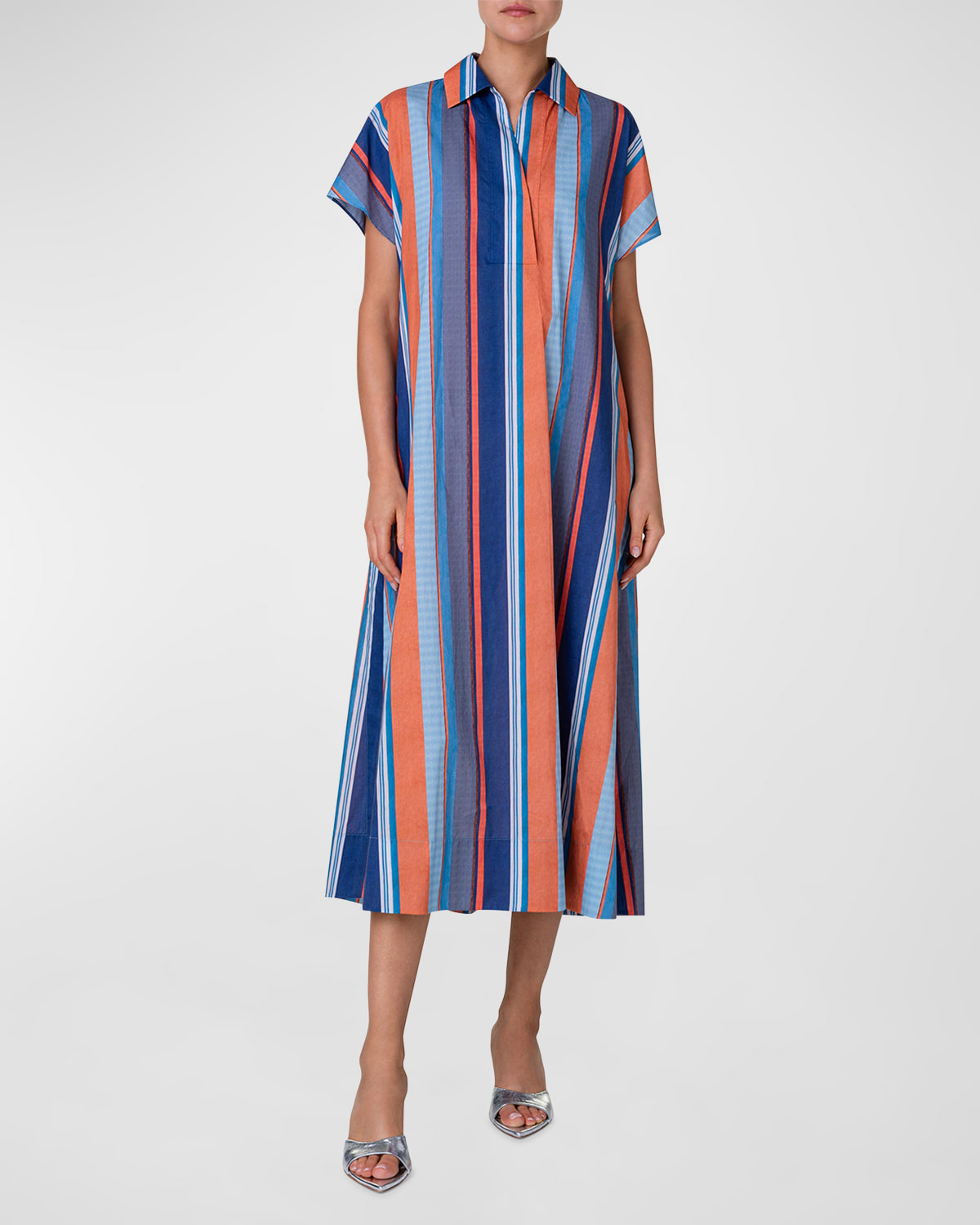 Shop Akris Punto Deck Chair Stripe-print Short-sleeve Midi Shirtdress In Denim-multicolor