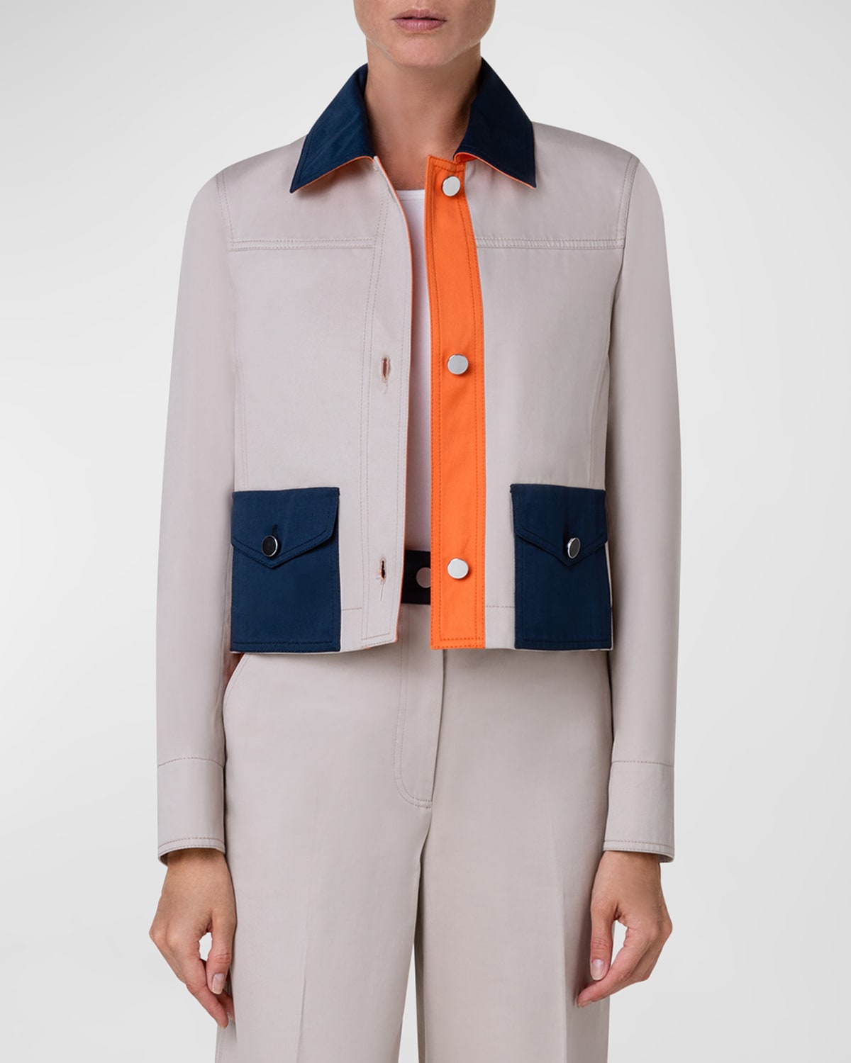 Shop Akris Punto Colorblock Cotton Gabardine Jacket In Beige-navy-orange