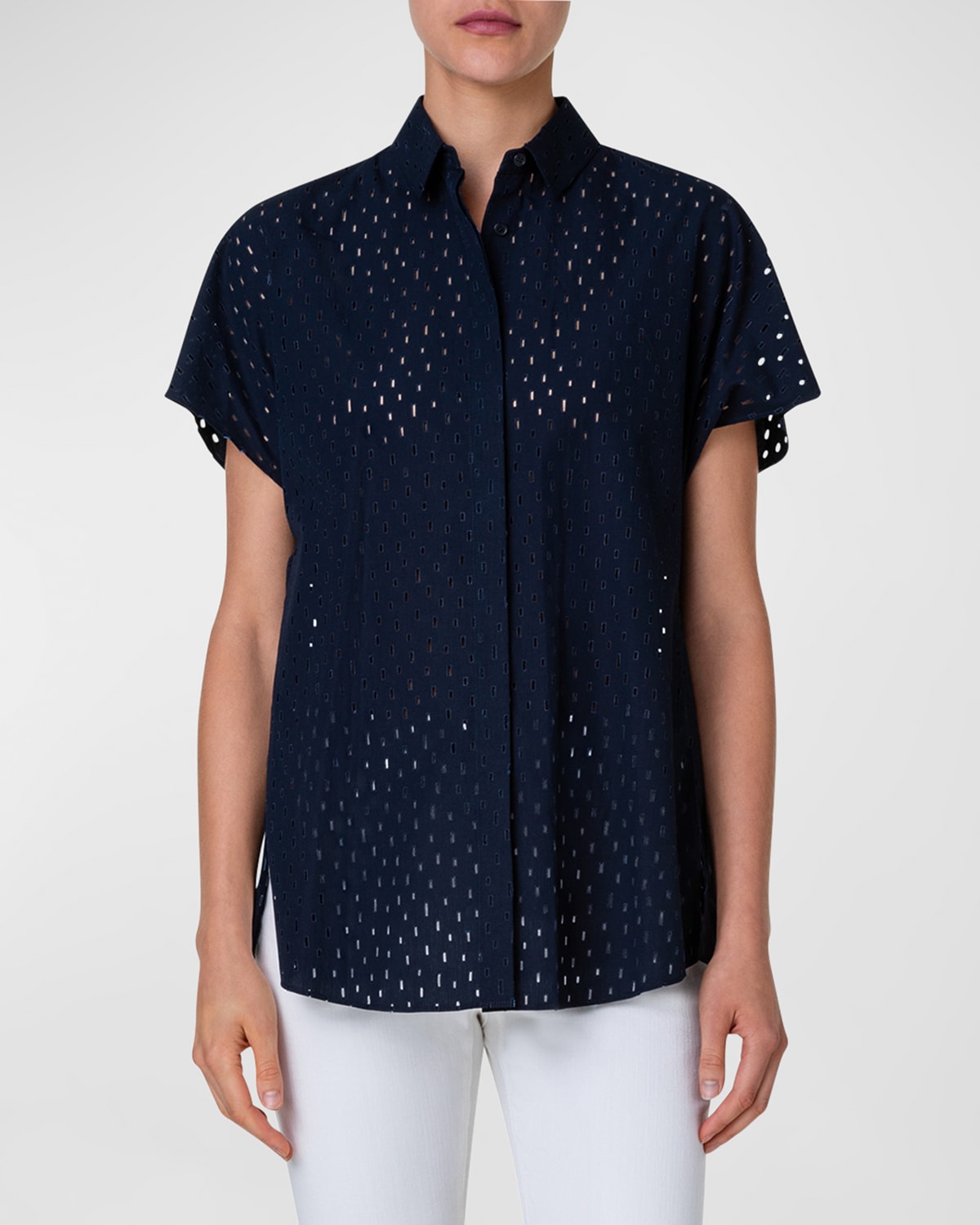 Shop Akris Punto Lasercut Grid Cotton Poplin Collared Shirt In Navy