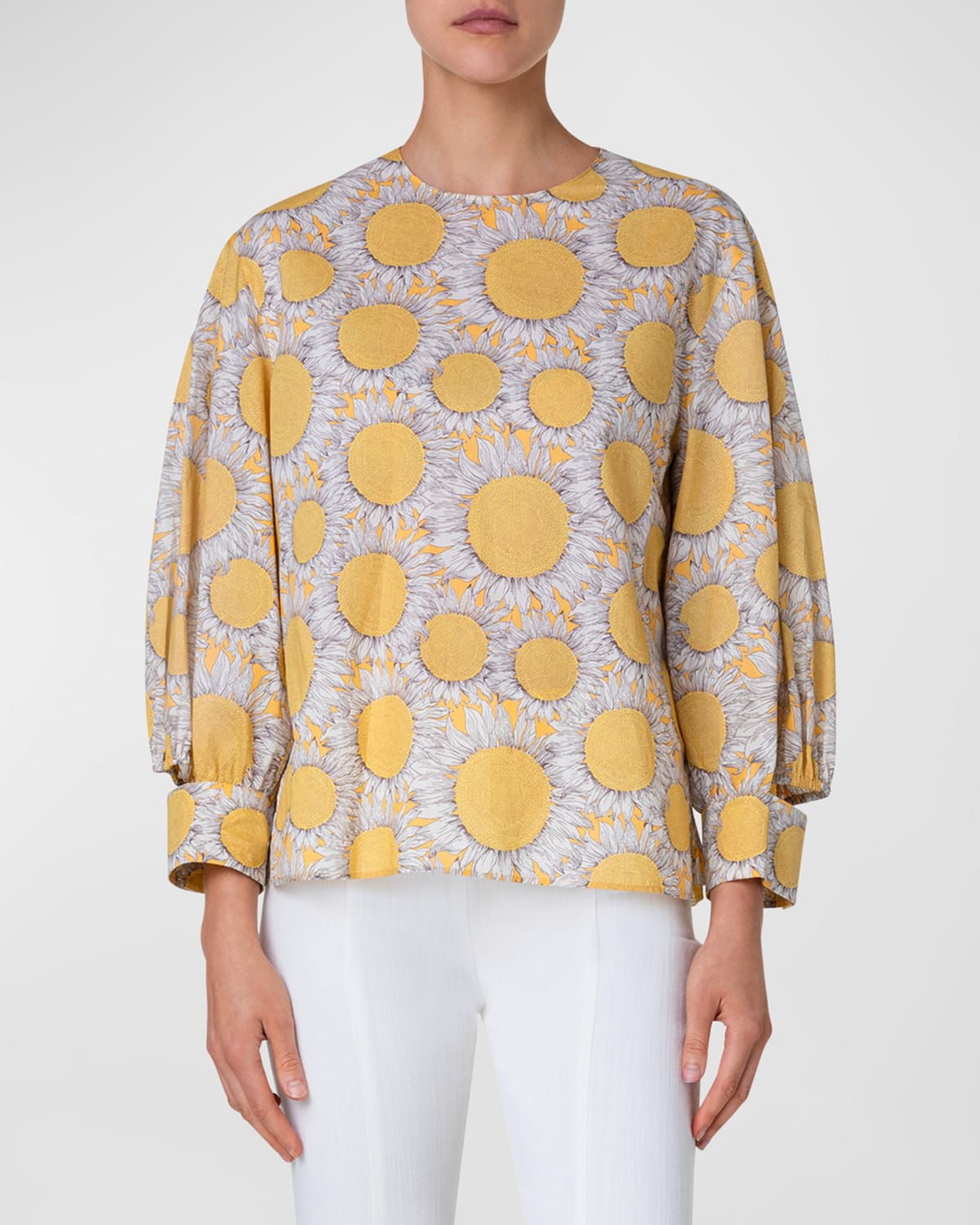 Shop Akris Punto Hello Sunshine-print Puff-sleeve Cotton Batiste Blouse In Sun-multicolor