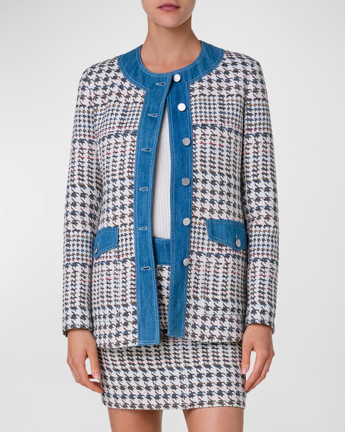 Shop Akris Punto Denim-trim Houndstooth Jacquard Collarless Jacket In Denim-multicolor