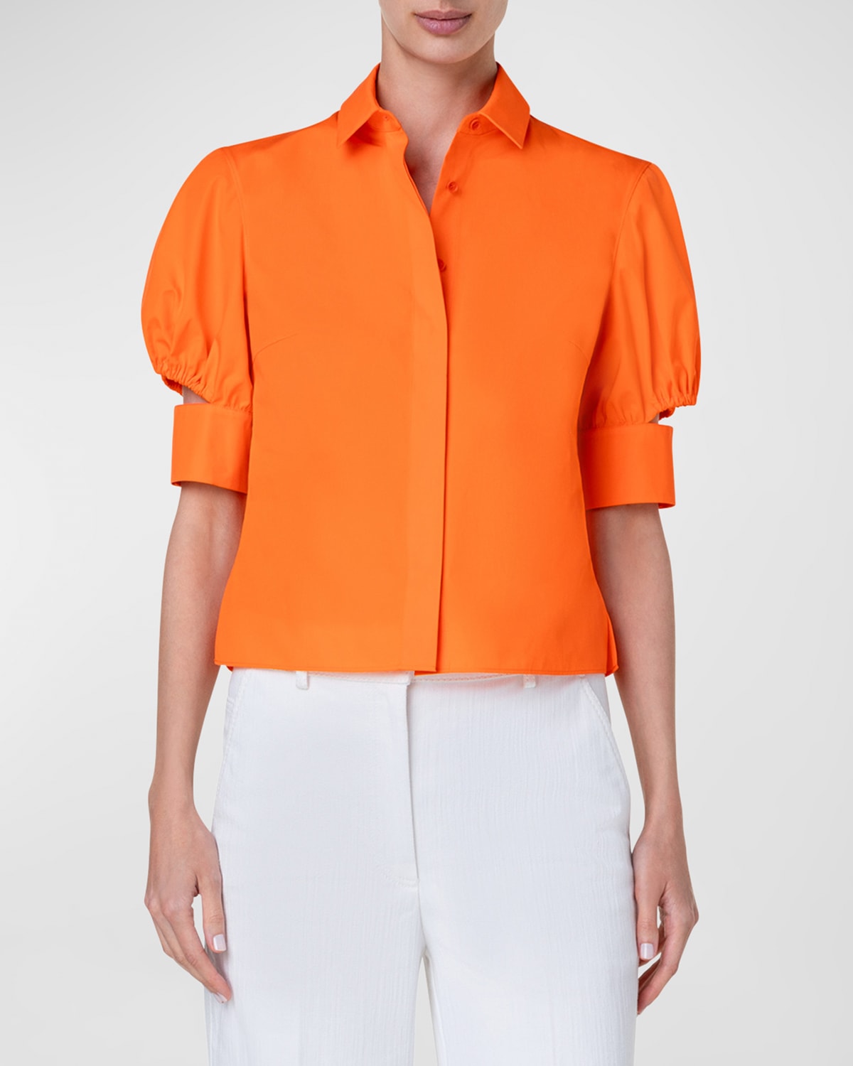 Akris Punto Puff-sleeve Cotton Poplin Collared Shirt In Neon Orange