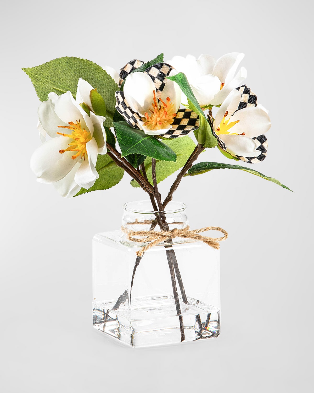 Mackenzie-childs White Camellia Fresh Picks 13" Faux Floral Arrangement In Glass Vase In Transparent