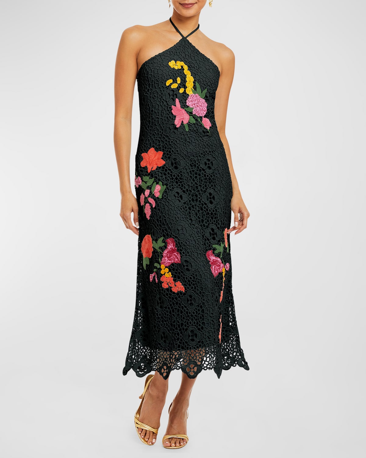 MESTIZA NEW YORK CROCHET LACE HALTER MIDI DRESS WITH EMBROIDERED FLOWERS