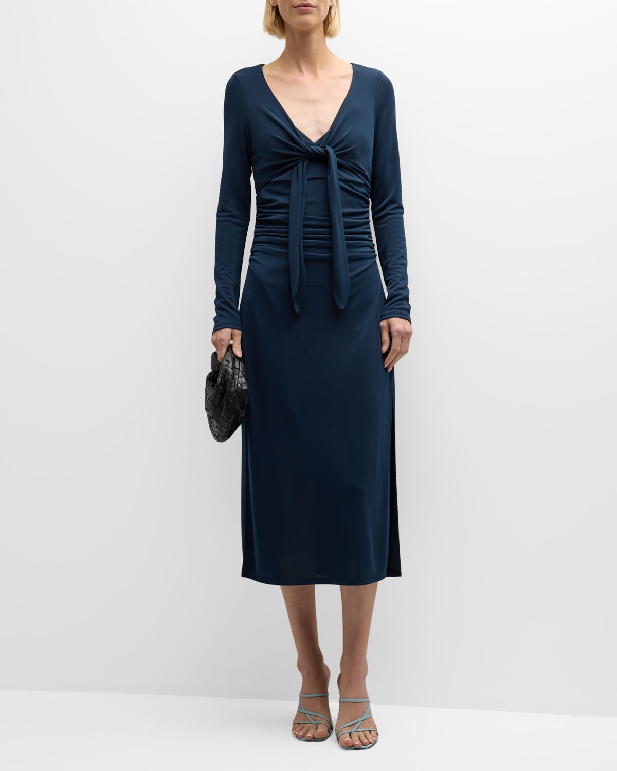 Cinq À Sept Brenna Knot-tie Gathered Crepe Midi Dress In Peacock Blue