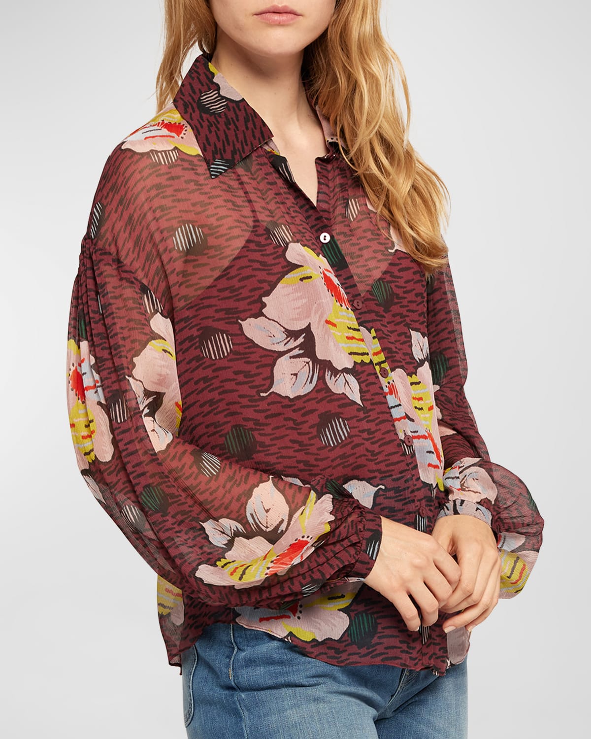 Joie Matilda Sheer Floral-print Silk Blouse In Oxblood Multi
