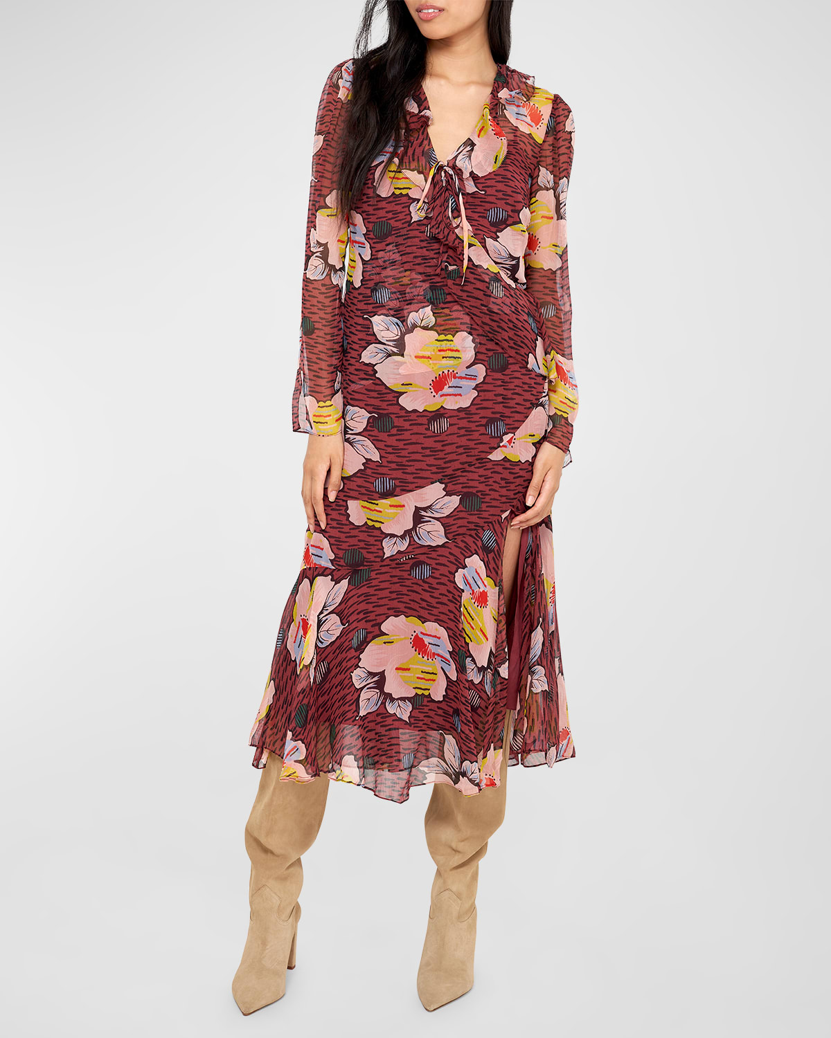 Joie Darrow Floral-print Ruffle-trim Midi Dress In Oxblood Multi