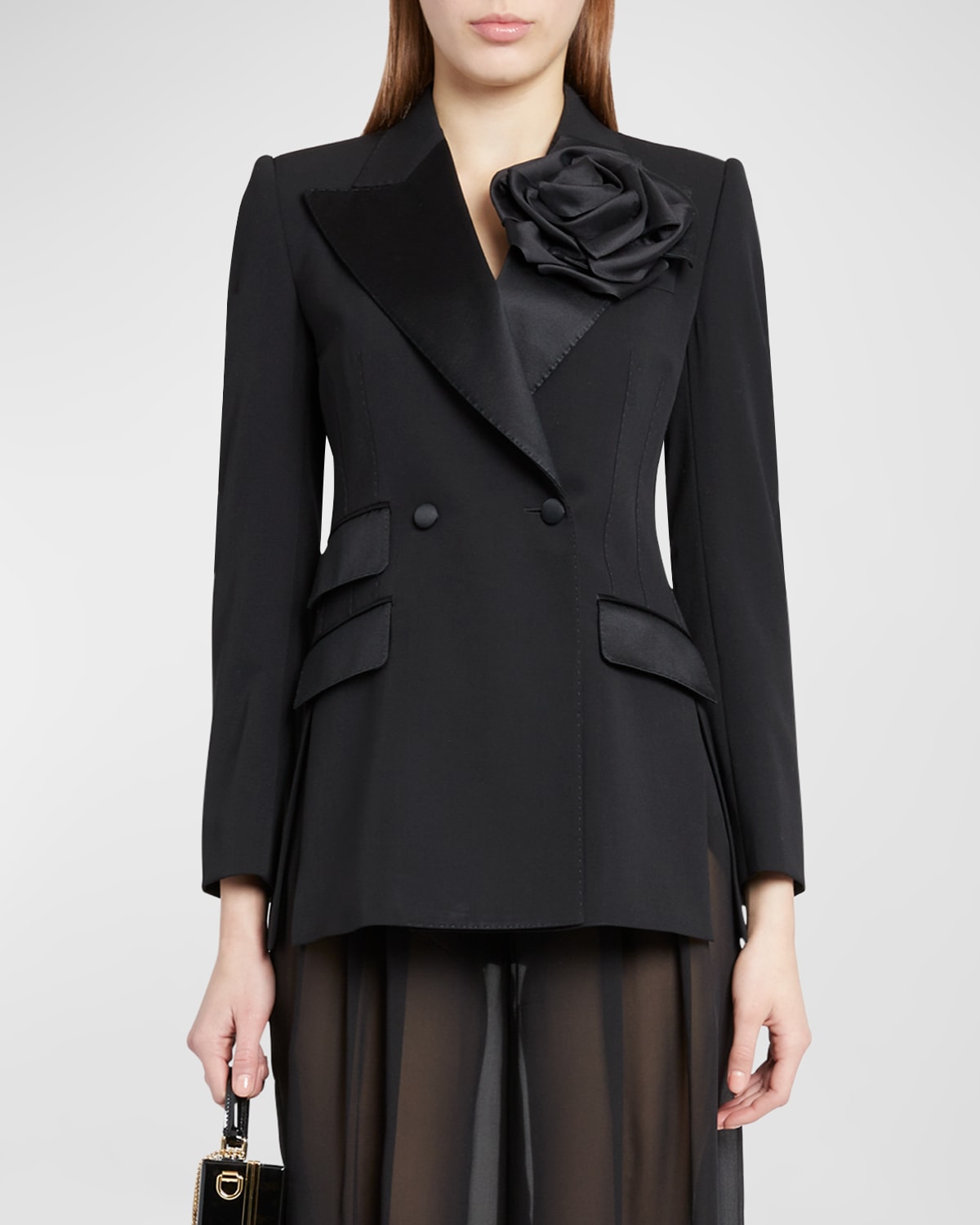 Dolce & Gabbana Wool Tuxedo Jacket With Floral Applique Detail In Black