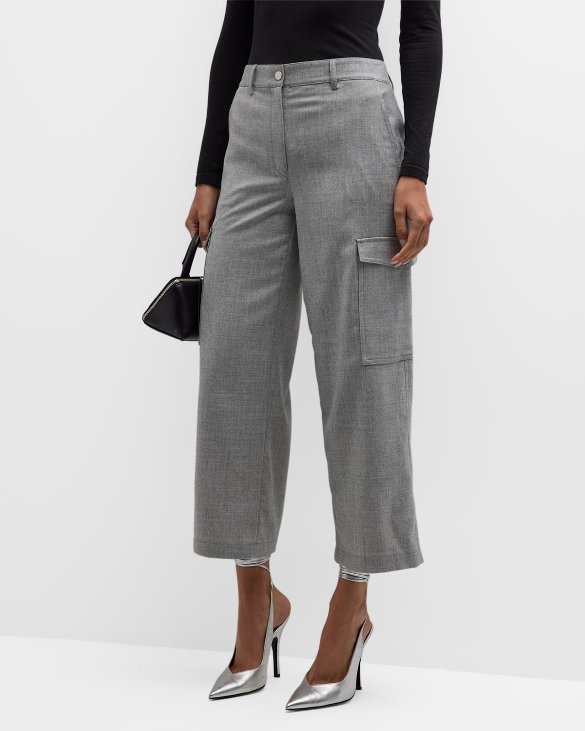 Shop Theory Cropped Sleek Flannel Straight Cargo Pants In Nw Lt Hthr