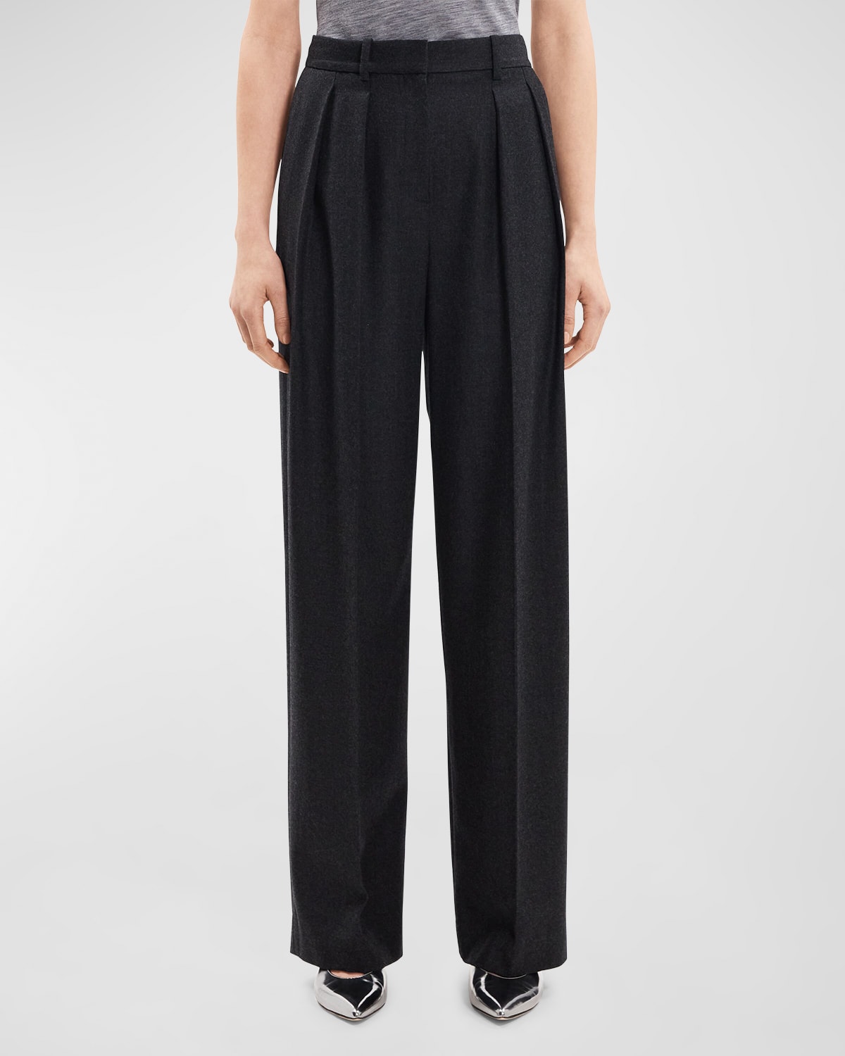 Shop Theory Double Pleat Wool Flannel Pants In Nw Chc Mln