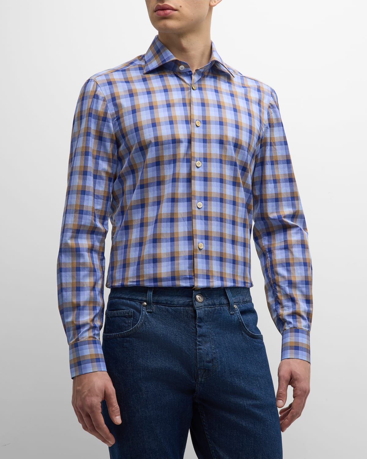 Kiton Men's Cotton Check Casual Button-down Shirt In Blue Multi
