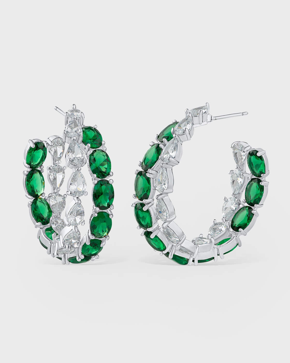 Kenneth Jay Lane Two-row Pear And Oval Cubic Zirconia Hoops Earrings In Green