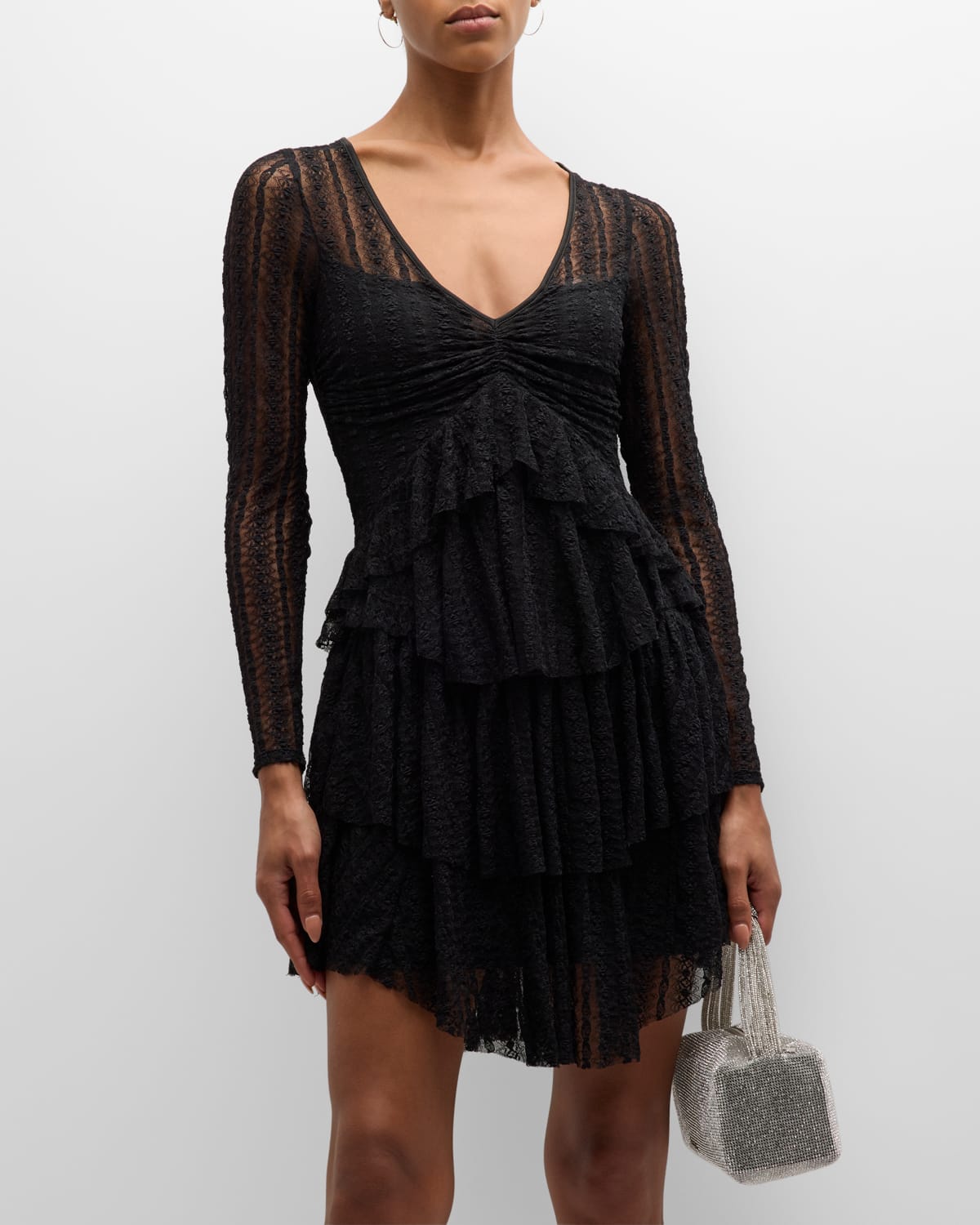 Shop Loveshackfancy Yana Tiered Ruffle Lace Mini Dress In Black