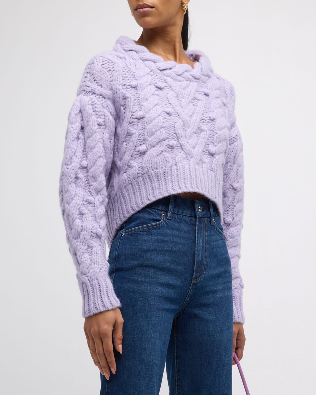 Shop Loveshackfancy Galiona Cable-knit Alpaca-blend Crop Sweater In Lilac Mist