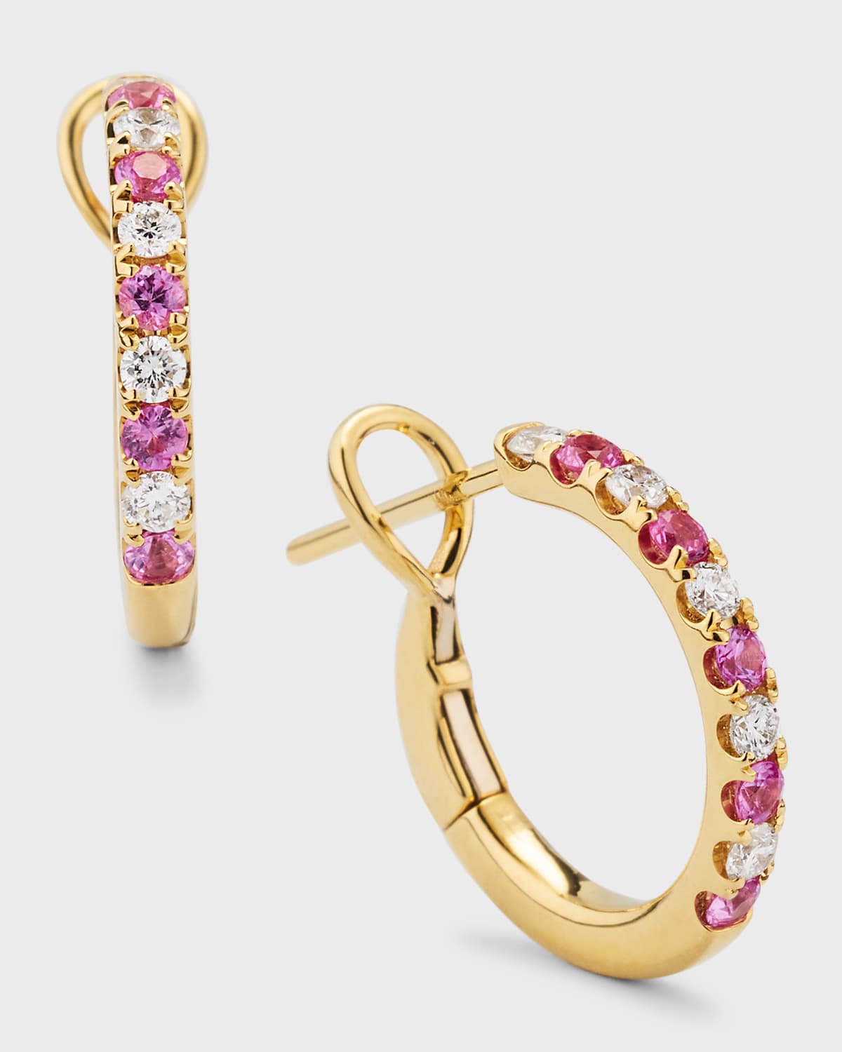 18K Yellow Gold Small Alternating Diamond and Pink Sapphire Hoop Earrings